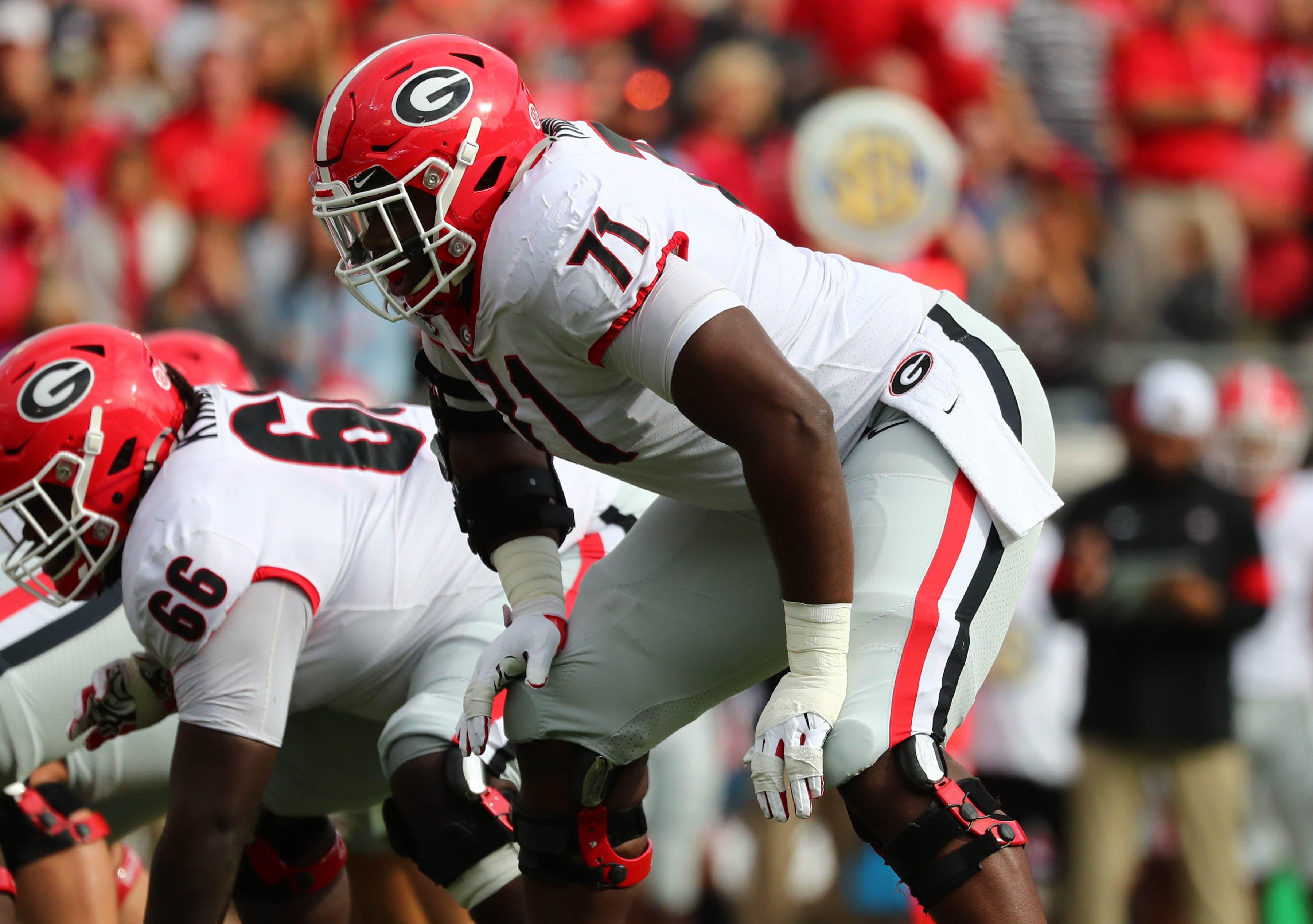 Nov 2, 2019; Jacksonville, FL, USA; Georgia Bulldogs offensive lineman Andrew Thomas (71) during the first quarter at TIAA Bank Field. Mandatory Credit: Kim Klement-USA TODAY Sports / Kim Klement