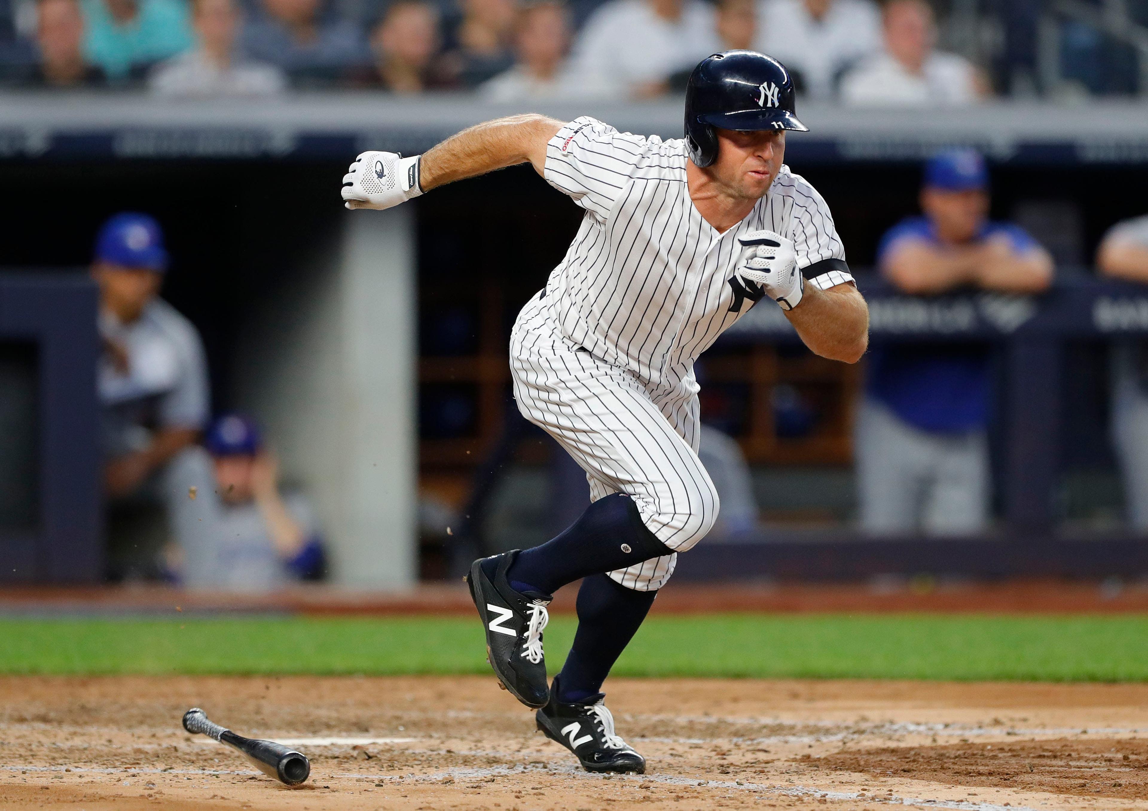 Jul 12, 2019; Bronx, NY, USA; New York Yankees left fielder Brett Gardner (11) runs to first base while hitting a triple in the fifth inning against the Toronto Blue Jays at Yankee Stadium. Mandatory Credit: Noah K. Murray-USA TODAY Sports / Noah K. Murray