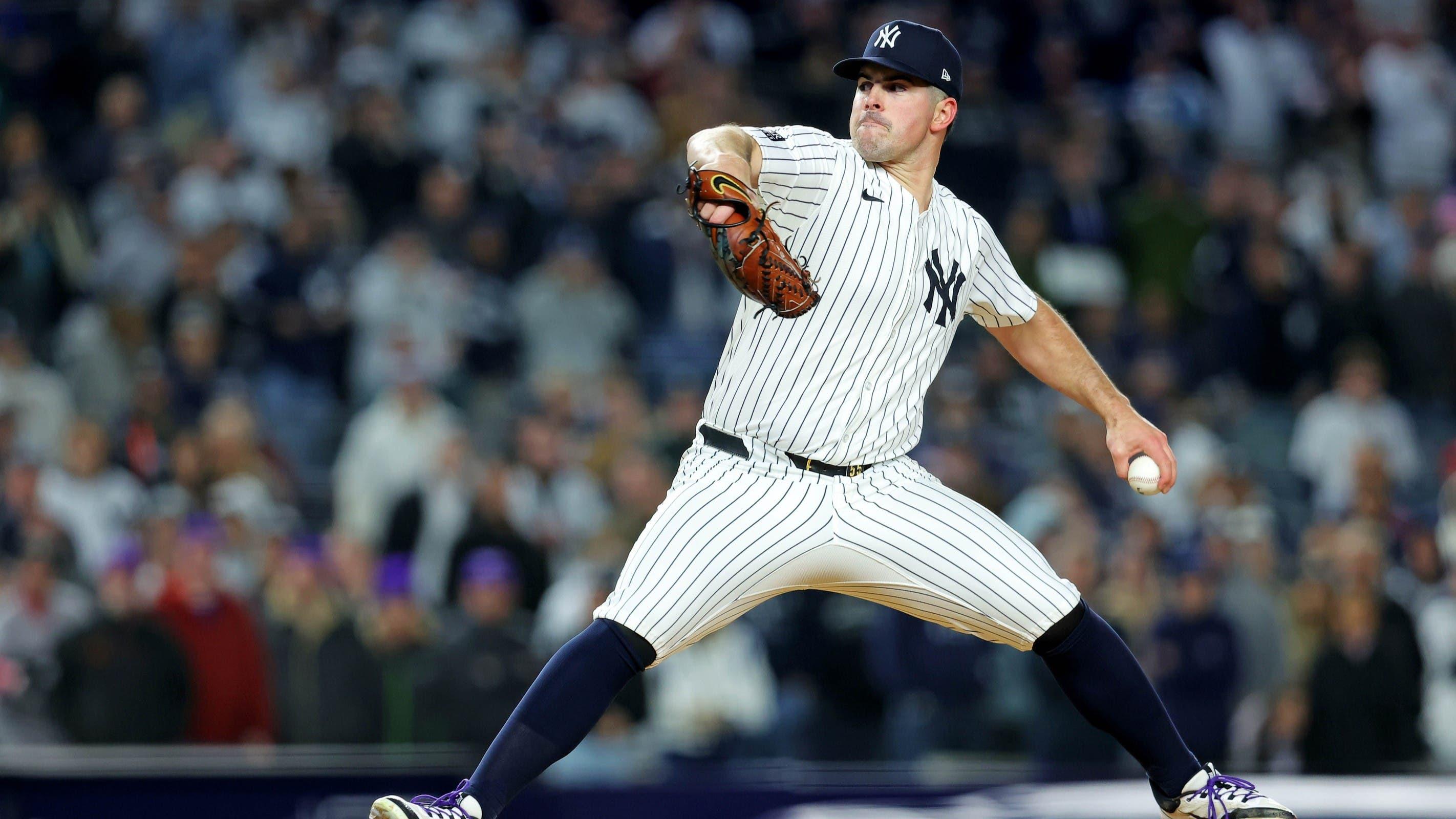 Oct 14, 2024; Bronx, New York, USA; New York Yankees pitcher Carlos Rodón (55) pitches during the first inning against the Cleveland Guardians in game one of the ALCS for the 2024 MLB Playoffs at Yankee Stadium. / Brad Penner-Imagn Images