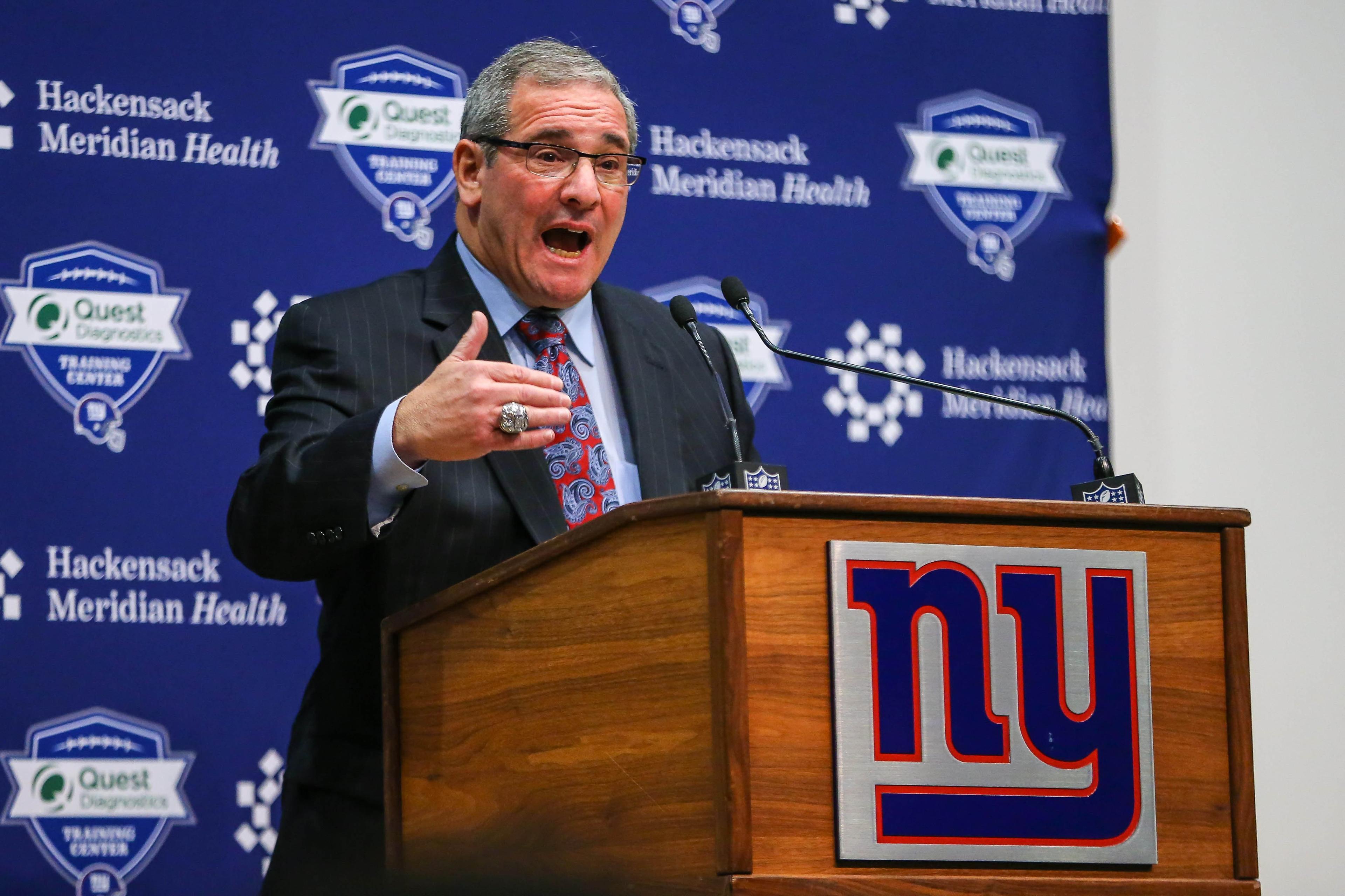 Dec 29, 2017; East Rutherford, NJ, USA; New York Giants general manager Dave Gettleman addresses the media at Quest Diagnostics Training Center. Mandatory Credit: Vincent Carchietta-USA TODAY Sports / Vincent Carchietta