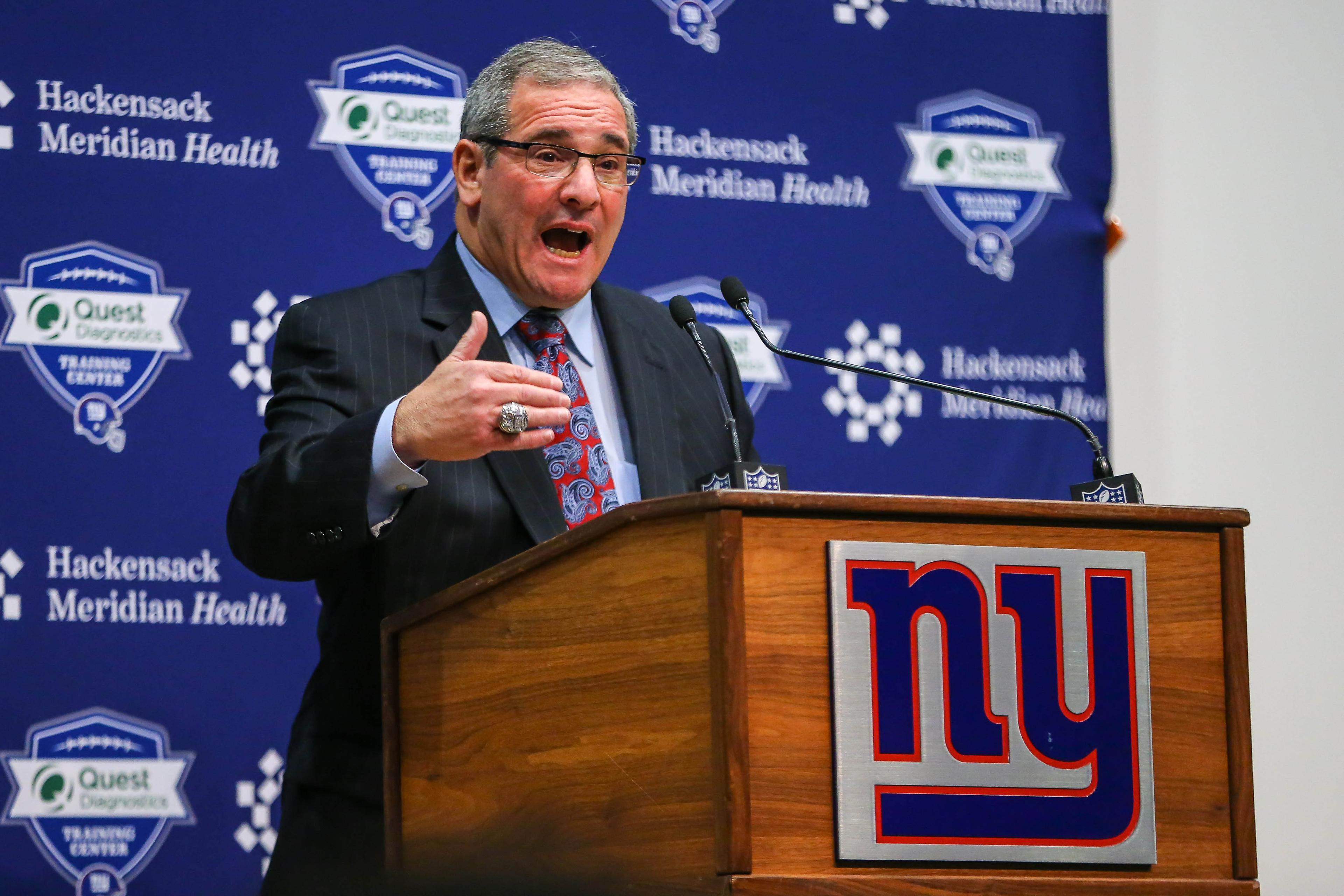 Dec 29, 2017; East Rutherford, NJ, USA; New York Giants general manager Dave Gettleman addresses the media at Quest Diagnostics Training Center. Mandatory Credit: Vincent Carchietta-USA TODAY Sports