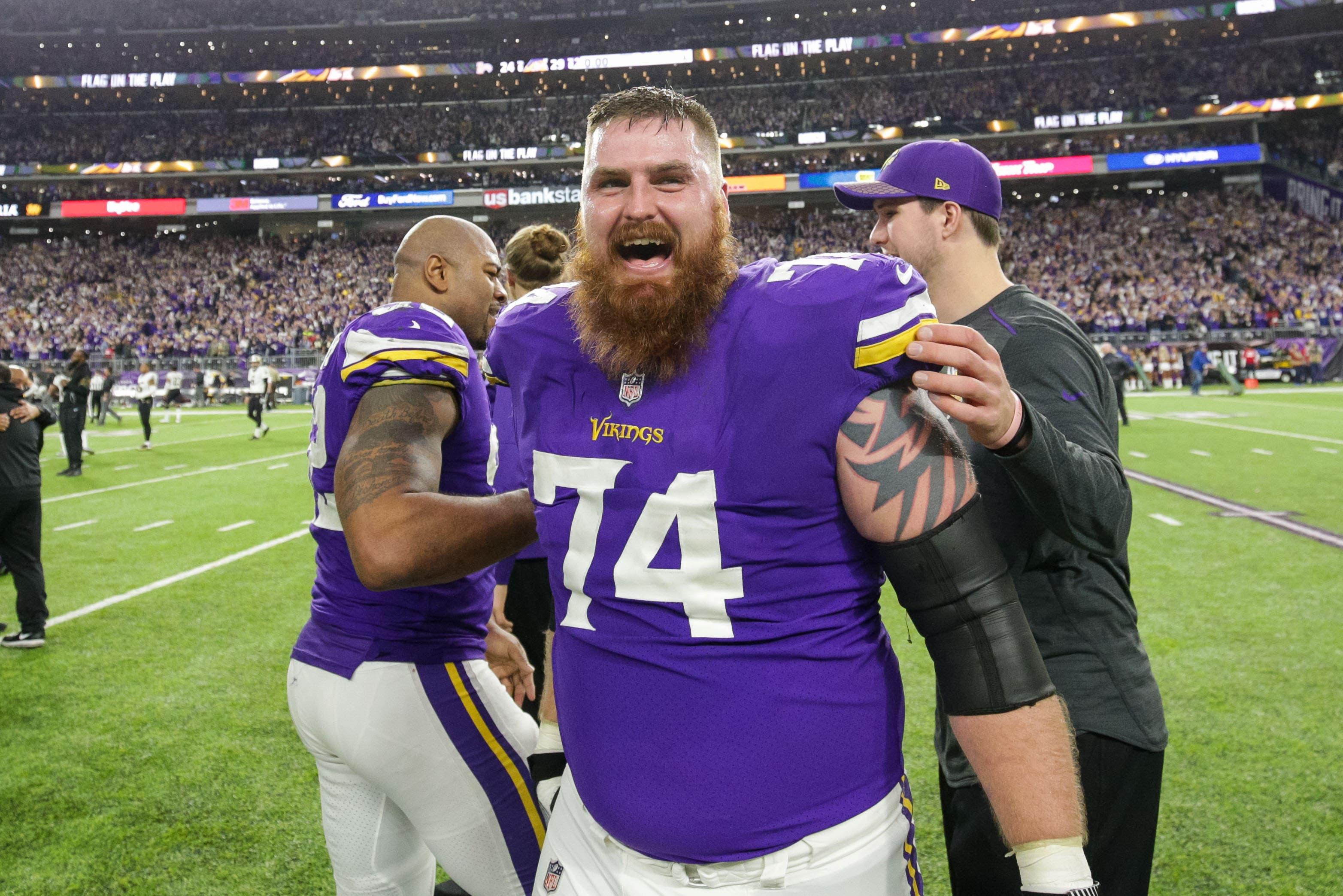 Jan 14, 2018; Minneapolis, MN, USA; Minnesota Vikings offensive lineman Mike Remmers (74) celebrates after the game against the New Orleans Saints at U.S. Bank Stadium. Mandatory Credit: Brad Rempel-USA TODAY Sports / Brad Rempel