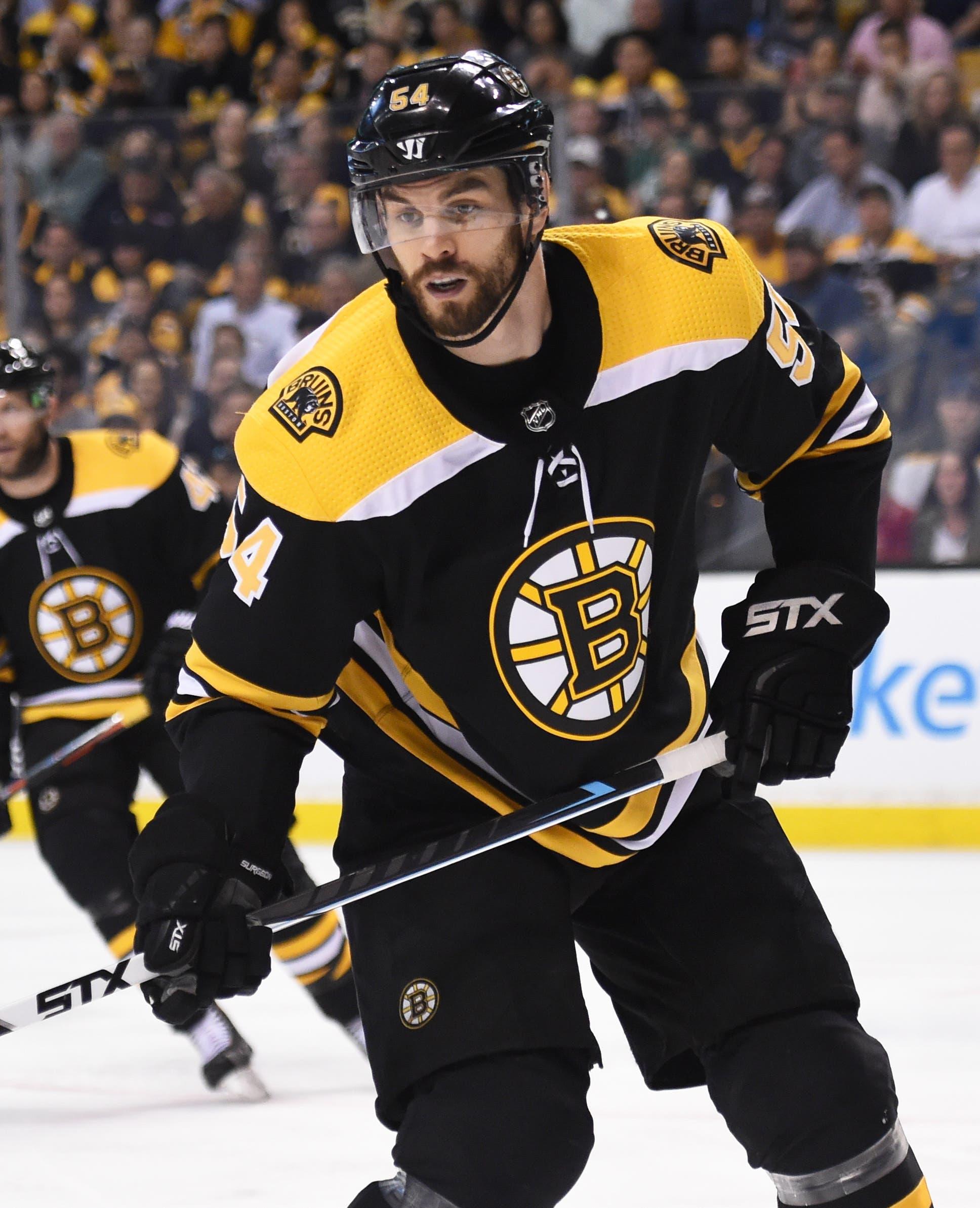 May 4, 2018; Boston, MA, USA; Boston Bruins defenseman Adam McQuaid (54) follows the play during the first period in game four of the second round of the 2018 Stanley Cup Playoffs against the Tampa Bay Lightning at TD Garden. Mandatory Credit: Bob DeChiara-USA TODAY Sports / Bob DeChiara