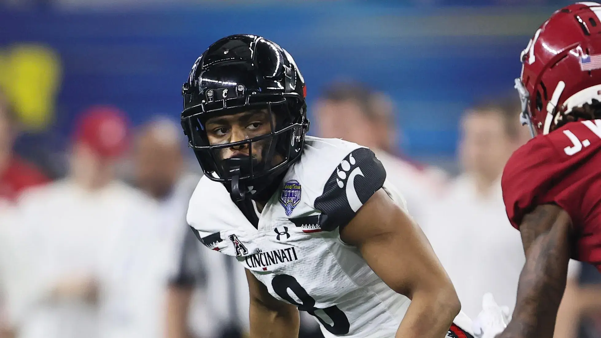 Dec 31, 2021; Arlington, Texas, USA; Cincinnati Bearcats cornerback Coby Bryant (8) in action against the the Alabama Crimson Tide during the 2021 Cotton Bowl college football CFP national semifinal game at AT&T Stadium. Mandatory Credit: Matthew Emmons-USA TODAY Sports / © Matthew Emmons-USA TODAY Sports