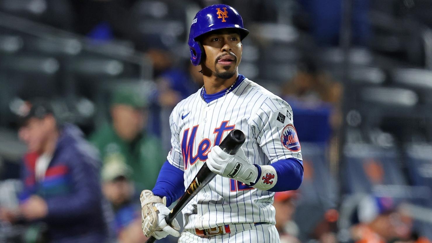 Oct 17, 2024; New York City, New York, USA; New York Mets shortstop Francisco Lindor (12) reacts after an out against the Los Angeles Dodgers in the ninth inning during game four of the NLCS for the 2024 MLB playoffs at Citi Field. 