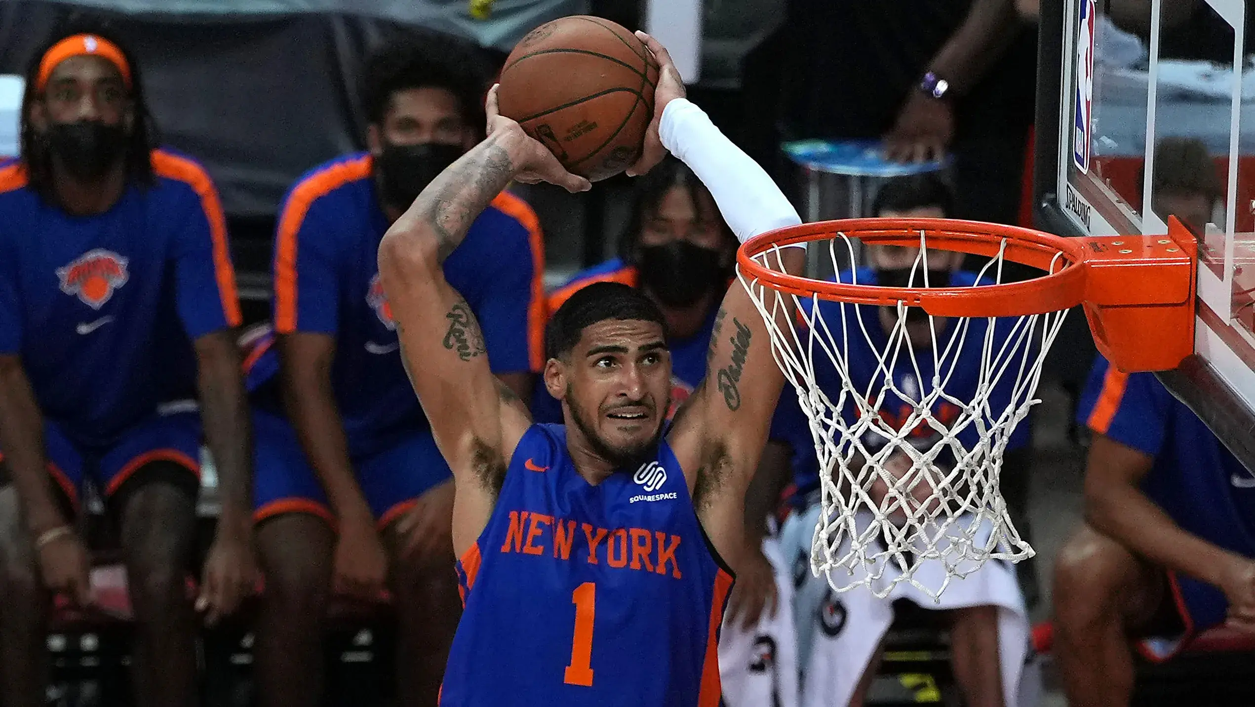 Aug 13, 2021; Las Vegas, Nevada, USA; New York Knicks forward Obi Toppin (1) looks to dunk during an NBA Summer League game against the Detroit Pistons at Thomas & Mack Center. / Stephen R. Sylvanie-USA TODAY Sports