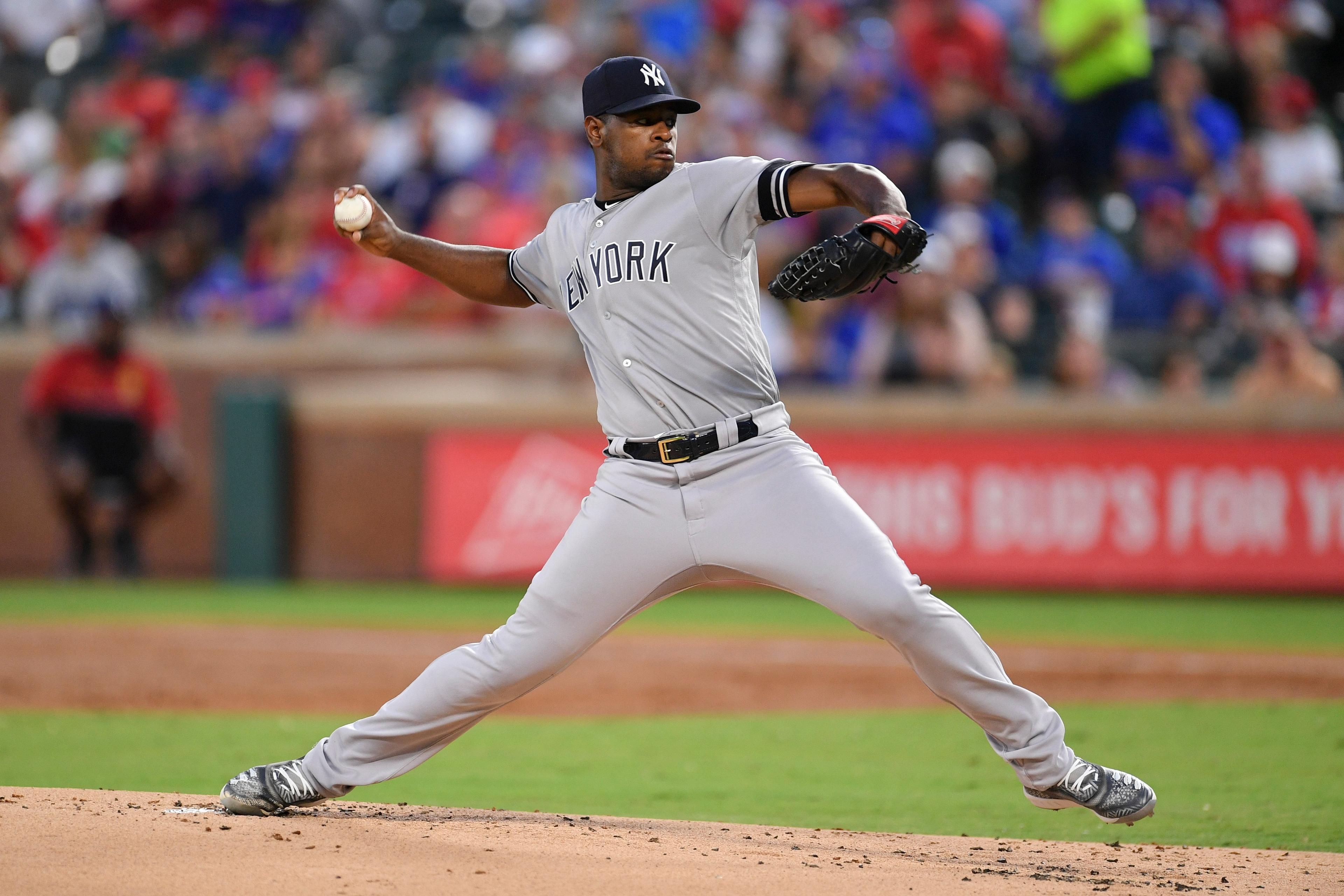 Sep 28, 2019; Arlington, TX, USA; New York Yankees starting pitcher Luis Severino (40) throws during the first inning against the Texas Rangers at Globe Life Park in Arlington. Mandatory Credit: Shane Roper-USA TODAY Sports