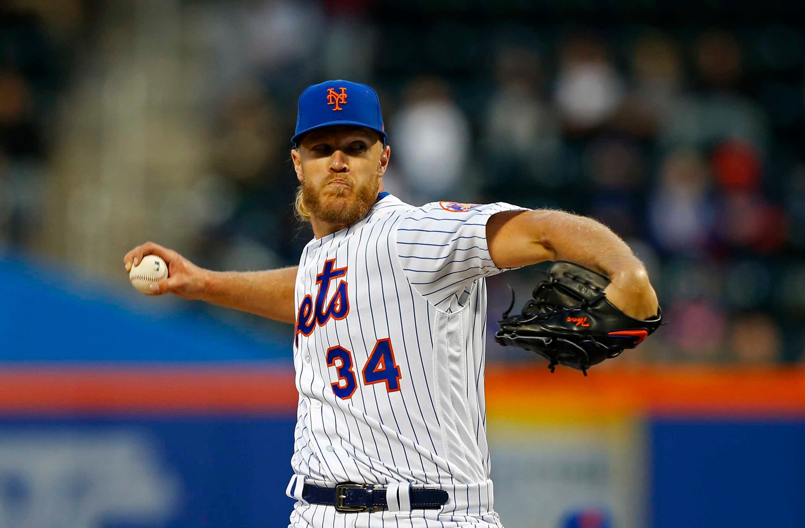 Apr 10, 2019; New York City, NY, USA; New York Mets starting pitcher Noah Syndergaard (34) delivers a pitch against the Minnesota Twins in the first inning at Citi Field. Mandatory Credit: Noah K. Murray-USA TODAY Sports