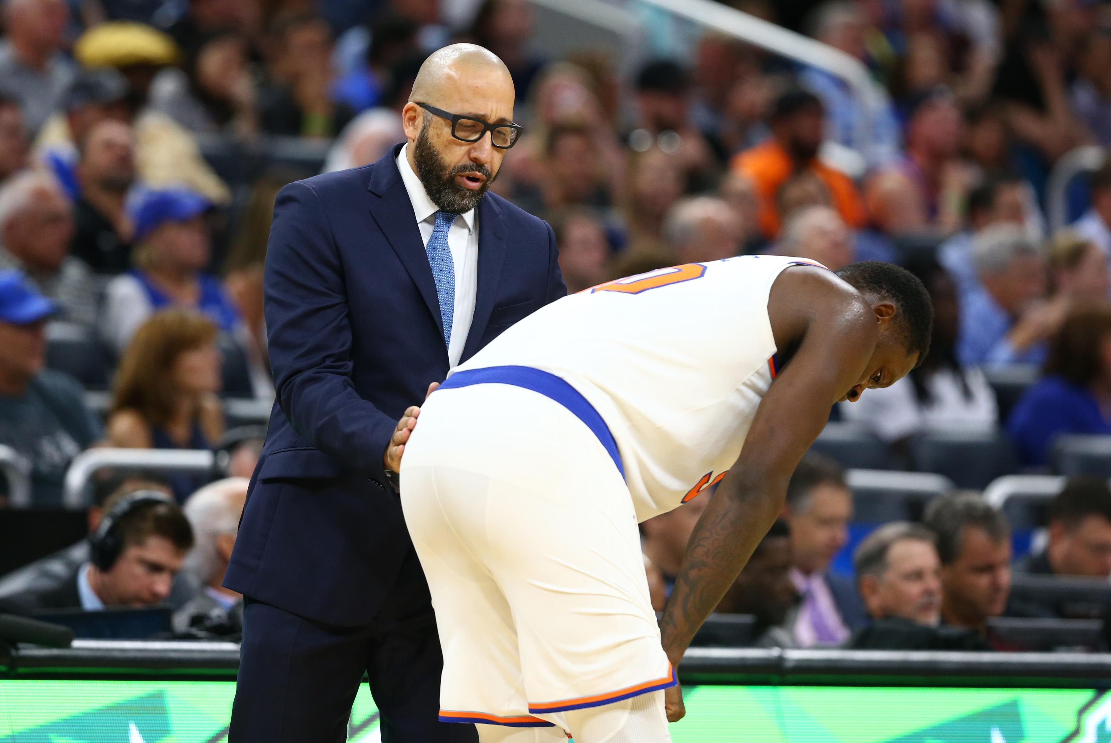 Oct 30, 2019; Orlando, FL, USA; New York Knicks head coach David Fizdale talks with center Julius Randle (30) against the Orlando Magic during the second half at Amway Center. Mandatory Credit: Kim Klement-USA TODAY Sports / Kim Klement