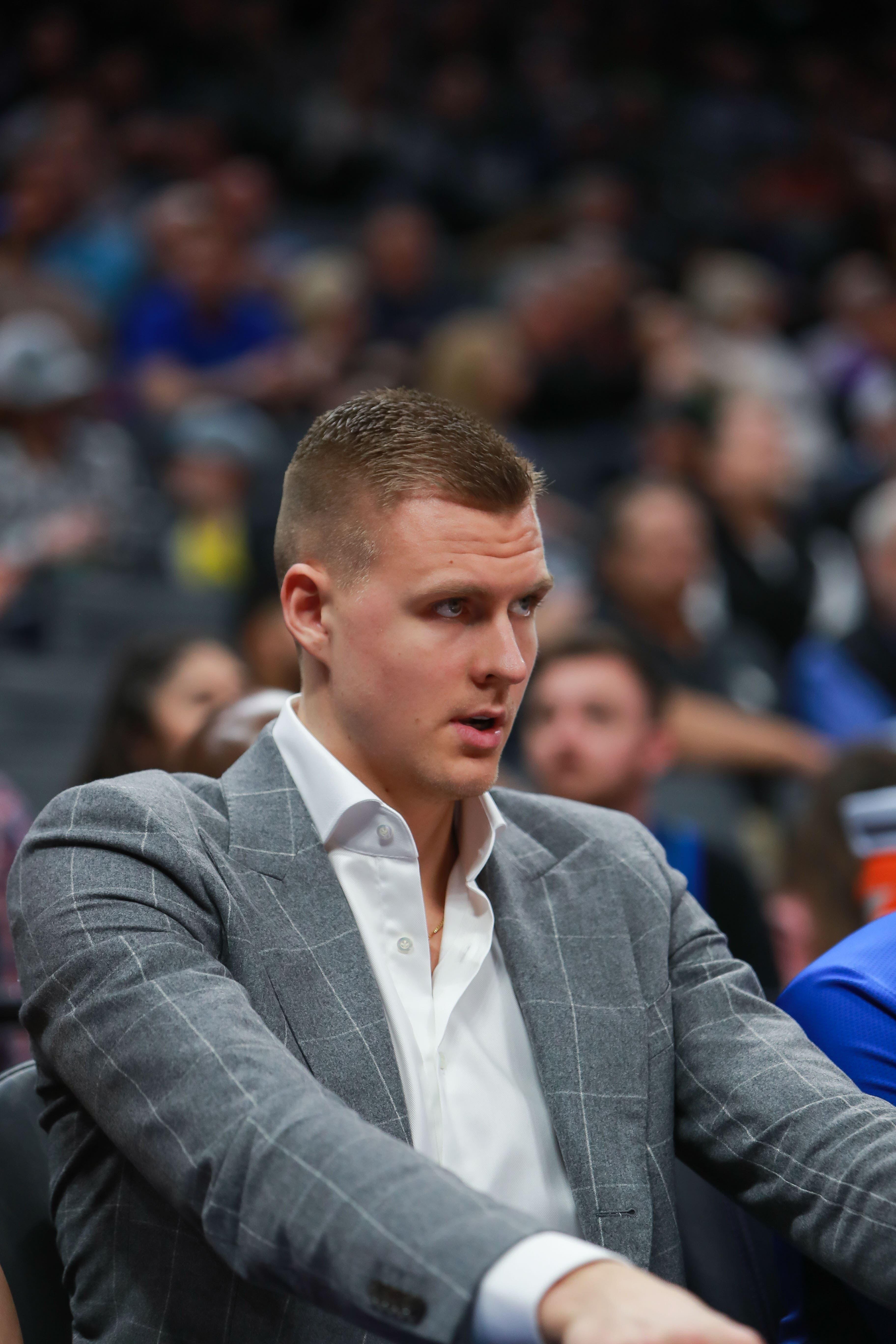 Mar 21, 2019; Sacramento, CA, USA; Dallas Mavericks forward Kristaps Porzingis (6) sits on the bench during the fourth quarter against the Sacramento Kings at Golden 1 Center. Mandatory Credit: Sergio Estrada-USA TODAY Sports / Sergio Estrada