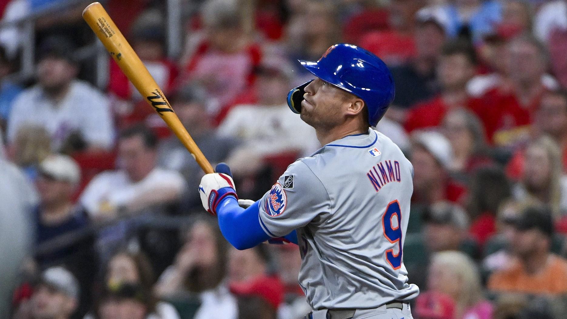 May 7, 2024; St. Louis, Missouri, USA; New York Mets center fielder Brandon Nimmo (9) hits a game tying three run home run against the St. Louis Cardinals during the fifth inning at Busch Stadium. / Jeff Curry-USA TODAY Sports