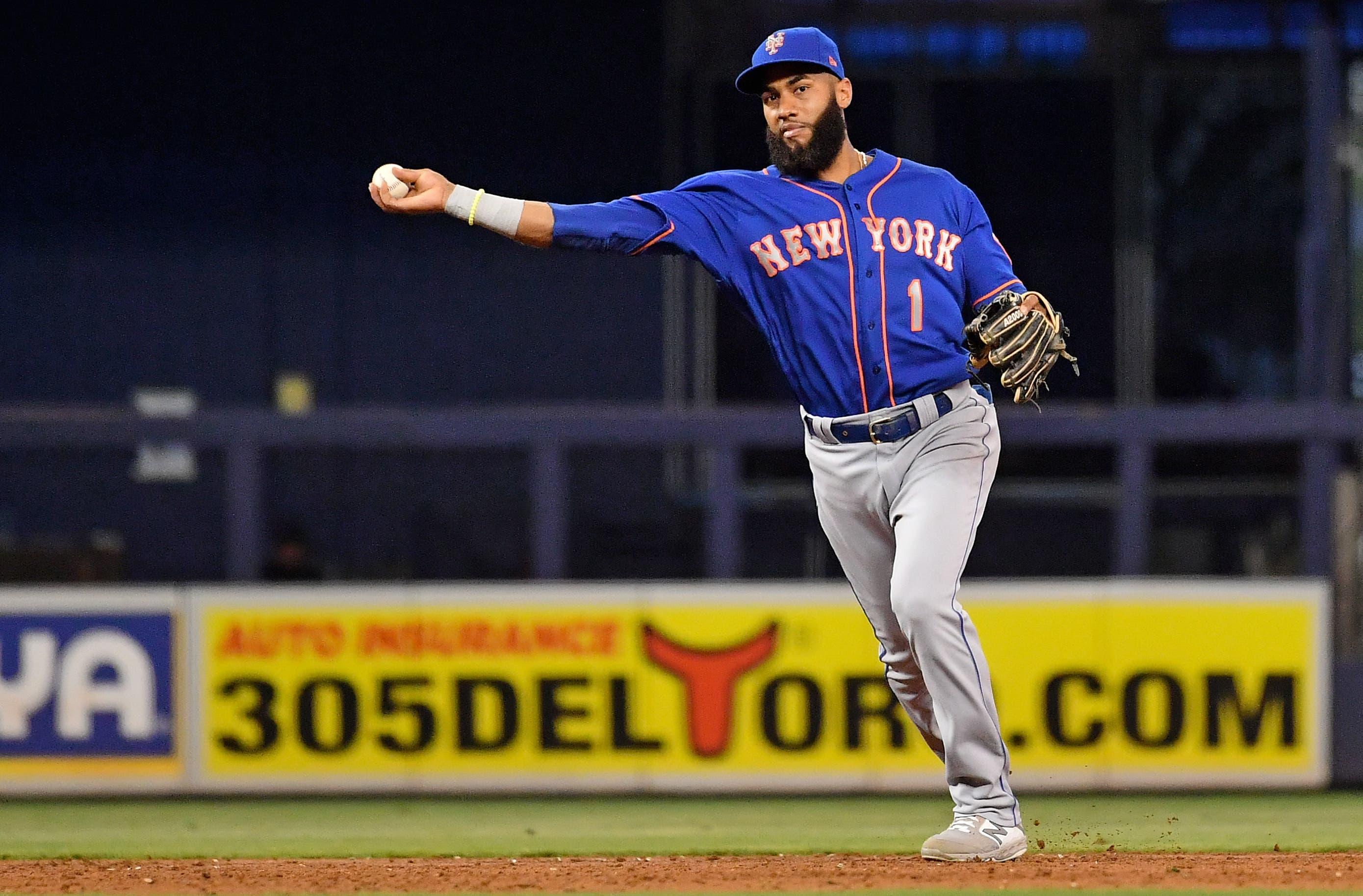 Jul 13, 2019; Miami, FL, USA; New York Mets shortstop Amed Rosario (1) throws out a Miami Marlins base runner in the third inning at Marlins Park. Mandatory Credit: Jasen Vinlove-USA TODAY Sports / Jasen Vinlove