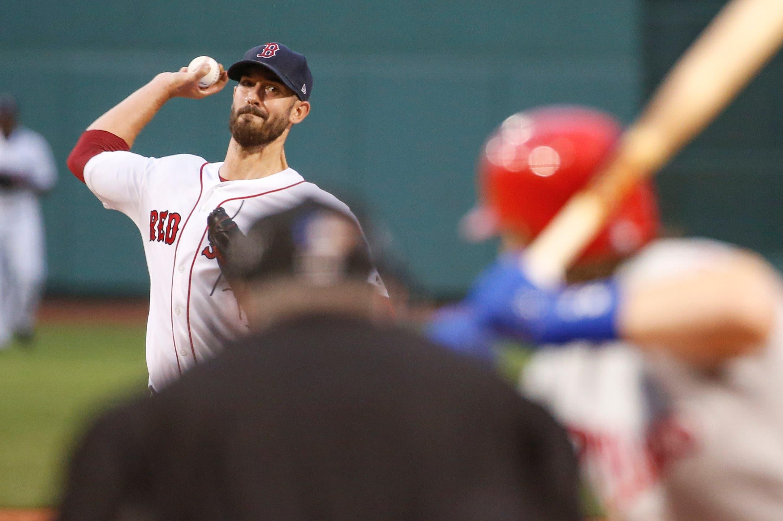 Aug 21, 2019; Boston, MA, USA; Boston Red Sox pitcher Rick Porcello (22) delivers a pitch against the Philadelphia Phillies during the first inning at Fenway Park. Mandatory Credit: Greg M. Cooper-USA TODAY Sports / Greg M. Cooper