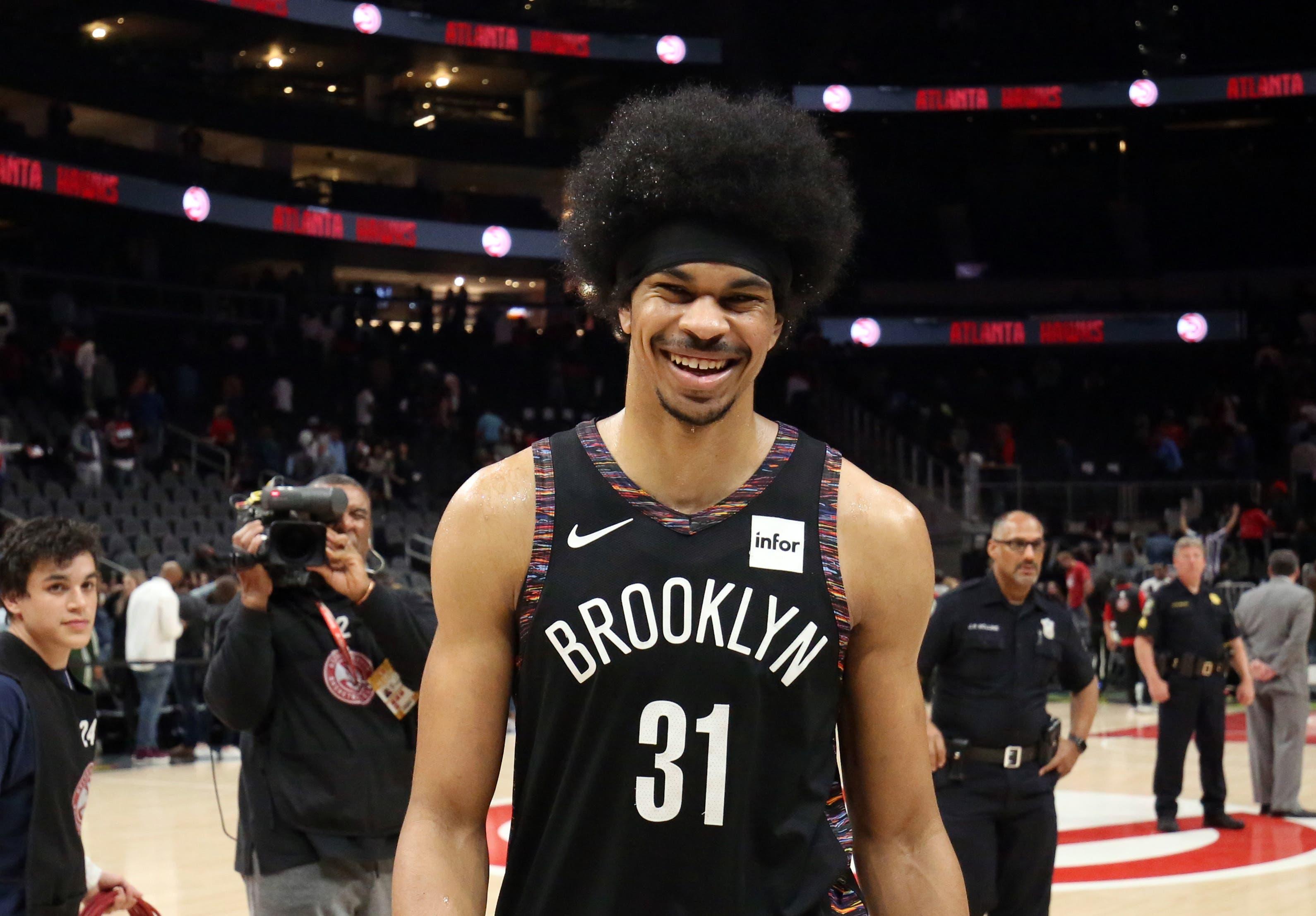 Mar 9, 2019; Atlanta, GA, USA; Brooklyn Nets center Jarrett Allen (31) reacts after their win against the Atlanta Hawks at State Farm Arena. Mandatory Credit: Jason Getz-USA TODAY Sports / Jason Getz