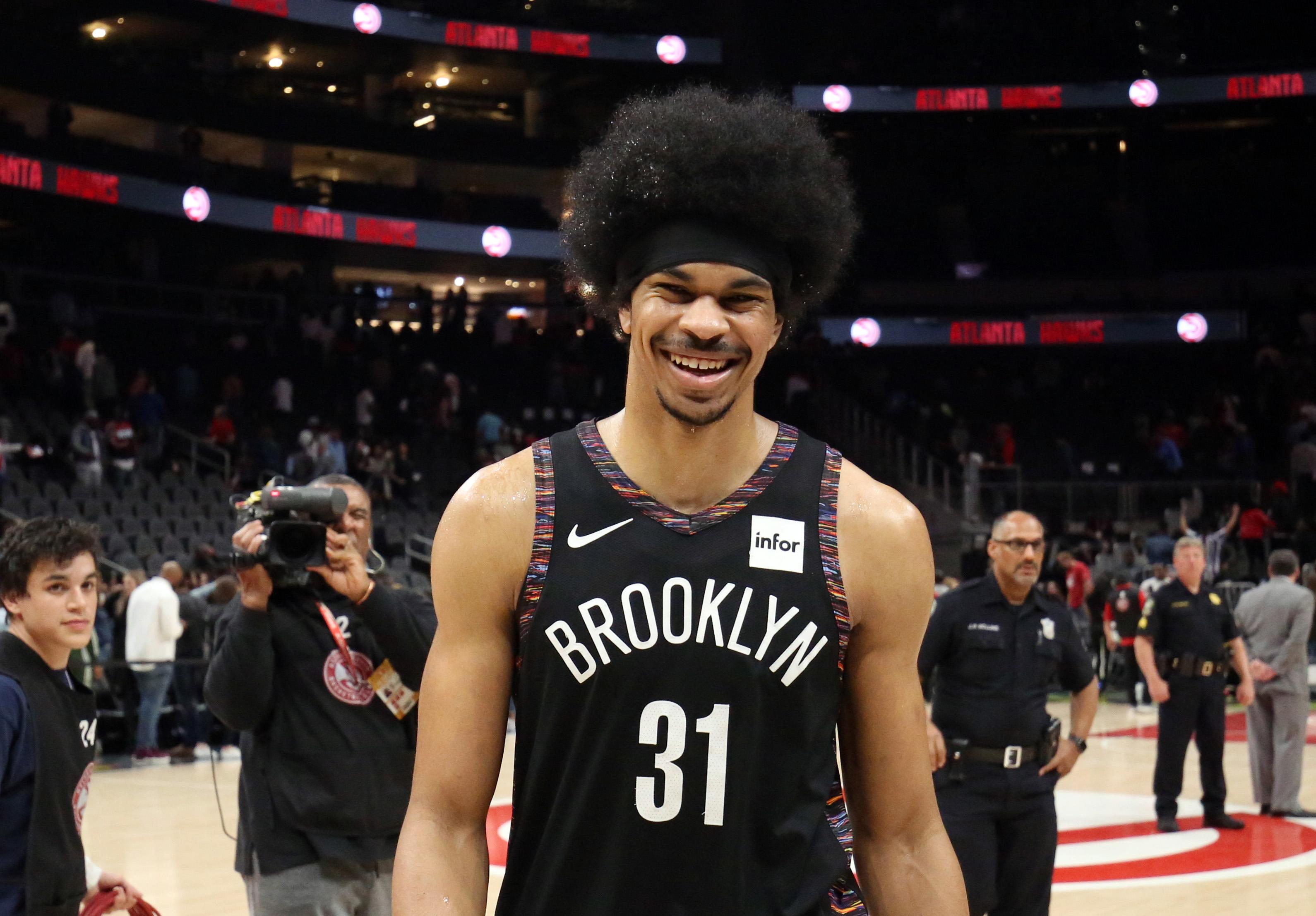 Mar 9, 2019; Atlanta, GA, USA; Brooklyn Nets center Jarrett Allen (31) reacts after their win against the Atlanta Hawks at State Farm Arena. Mandatory Credit: Jason Getz-USA TODAY Sports