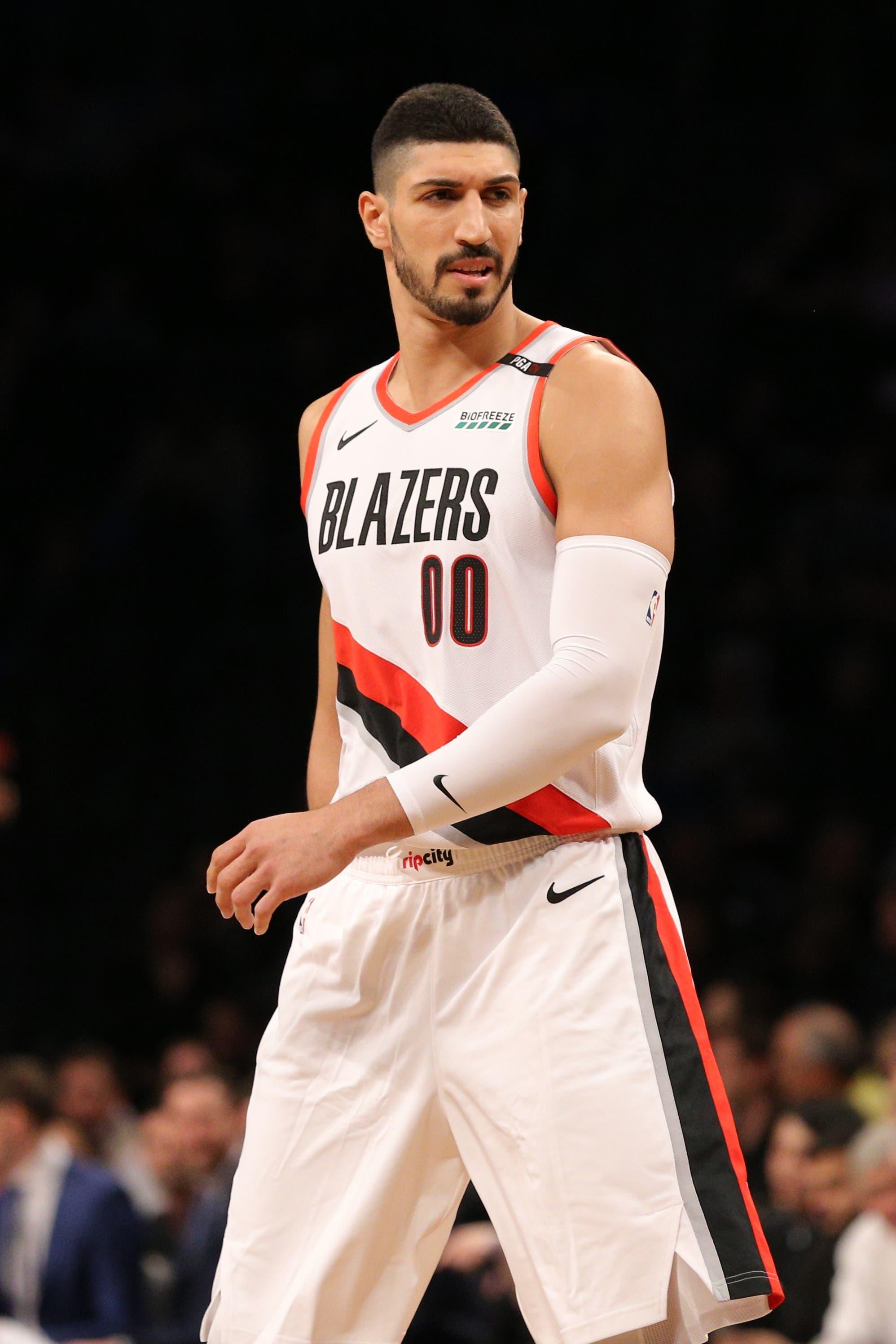 Portland Trail Blazers center Enes Kanter reacts during the first quarter against the Brooklyn Nets at Barclays Center. / Brad Penner/USA TODAY Sports