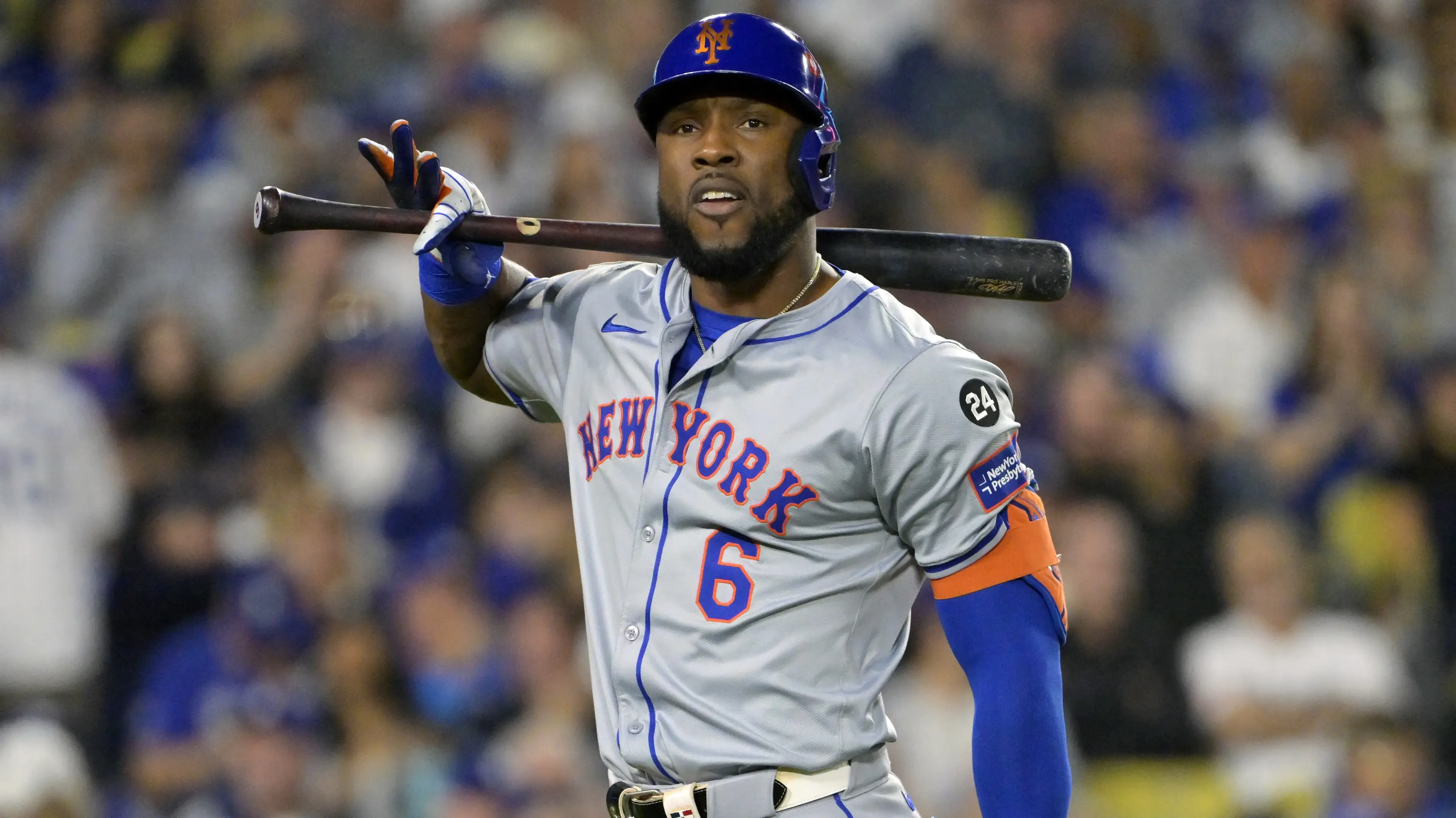 New York Mets outfielder Starling Marte (6) reacts after striking out in the fifth inning against the Los Angeles Dodgers during game six of the NLCS for the 2024 MLB playoffs at Dodger Stadium / Jayne Kamin-Oncea - Imagn Images