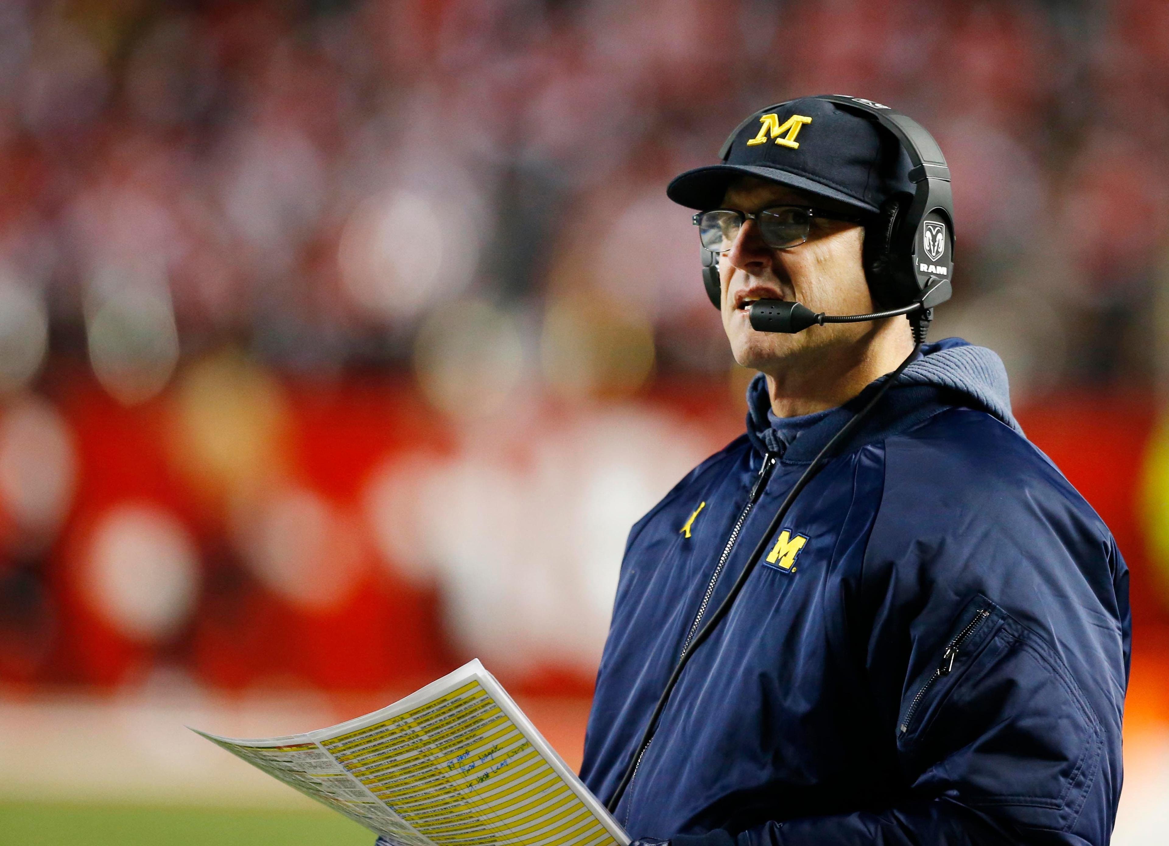 Michigan Wolverines head coach Jim Harbaugh during the second half of football game against the Rutgers Scarlet Knights at High Point Solutions Stadium. / Noah K. Murray/USA TODAY Sports