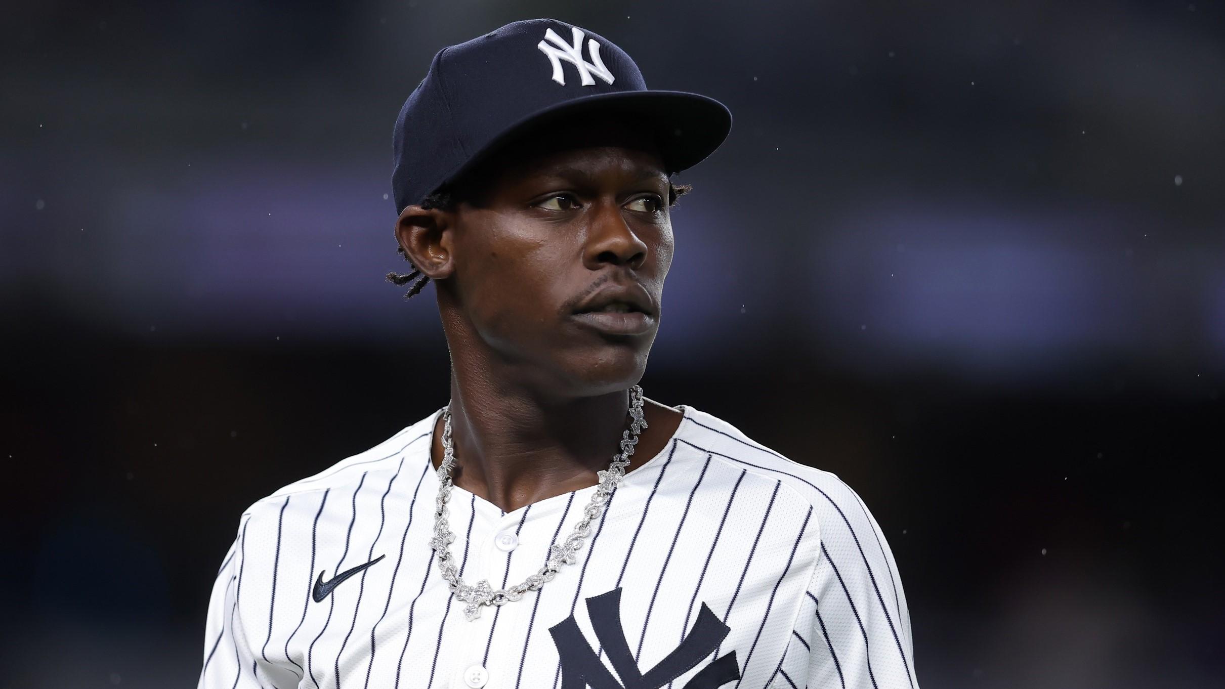 Aug 7, 2024; Bronx, New York, USA; New York Yankees third baseman Jazz Chisholm Jr. (13) reacts during the third inning against the Los Angeles Angels at Yankee Stadium. 