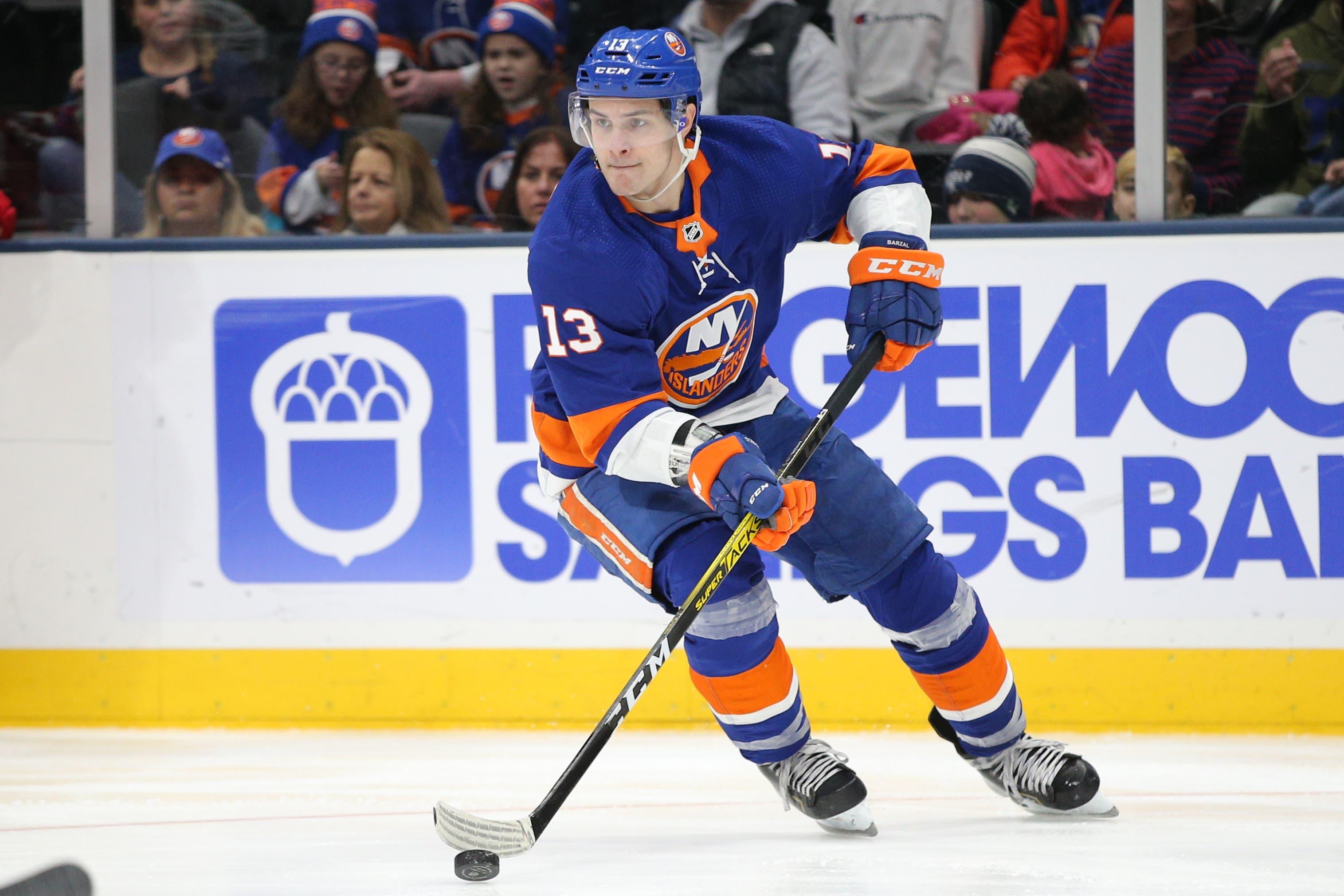 Jan 14, 2020; Uniondale, New York, USA; New York Islanders center Mathew Barzal (13) controls the puck against the Detroit Red Wings during the third period at Nassau Veterans Memorial Coliseum. Mandatory Credit: Brad Penner-USA TODAY Sportsundefined