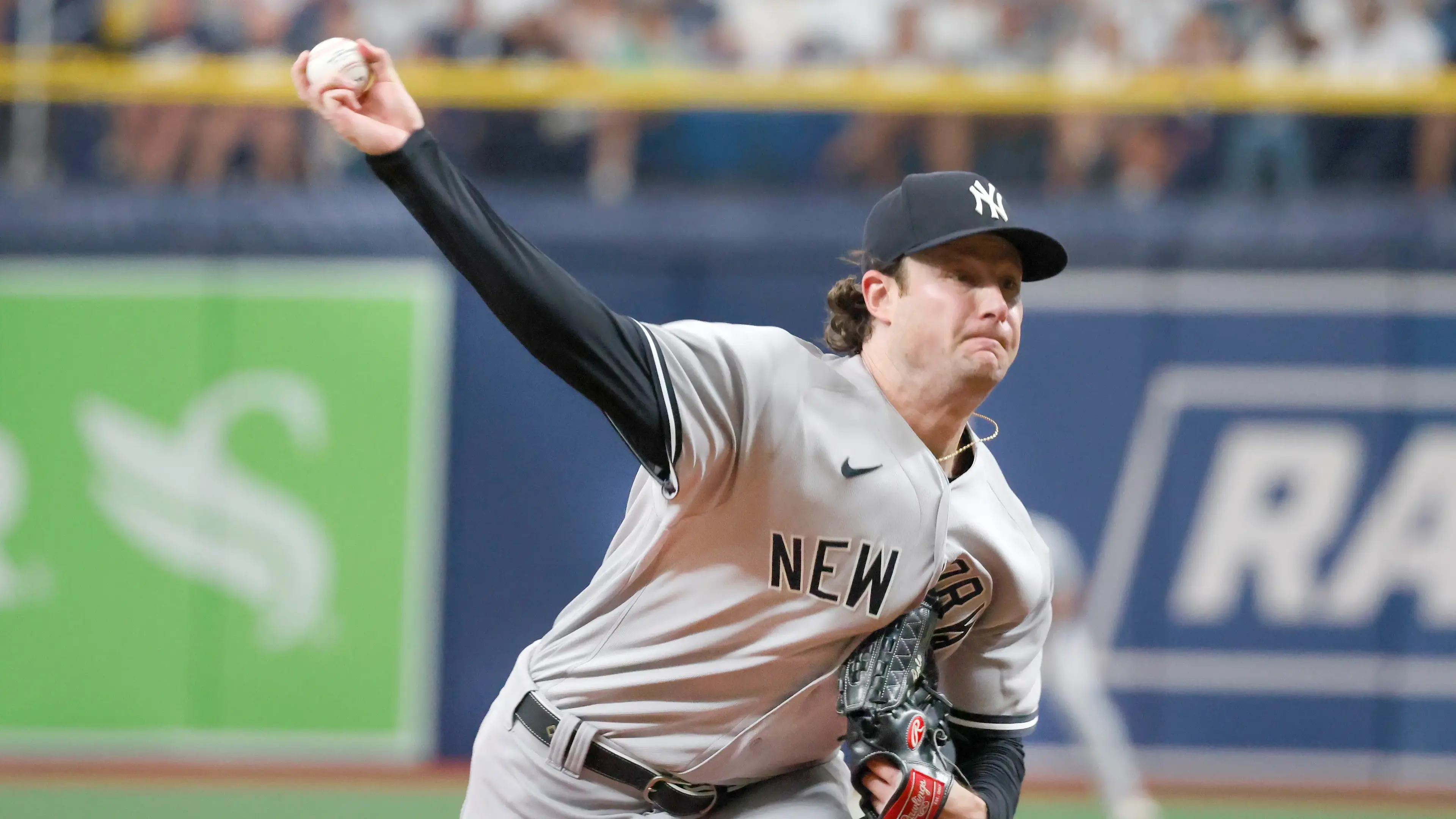 May 28, 2022; St. Petersburg, Florida, USA; New York Yankees starting pitcher Gerrit Cole (45) throws a pitch during the first inning against the Tampa Bay Rays at Tropicana Field. Mandatory Credit: Reinhold Matay-USA TODAY Sports / Reinhold Matay-USA TODAY Sports