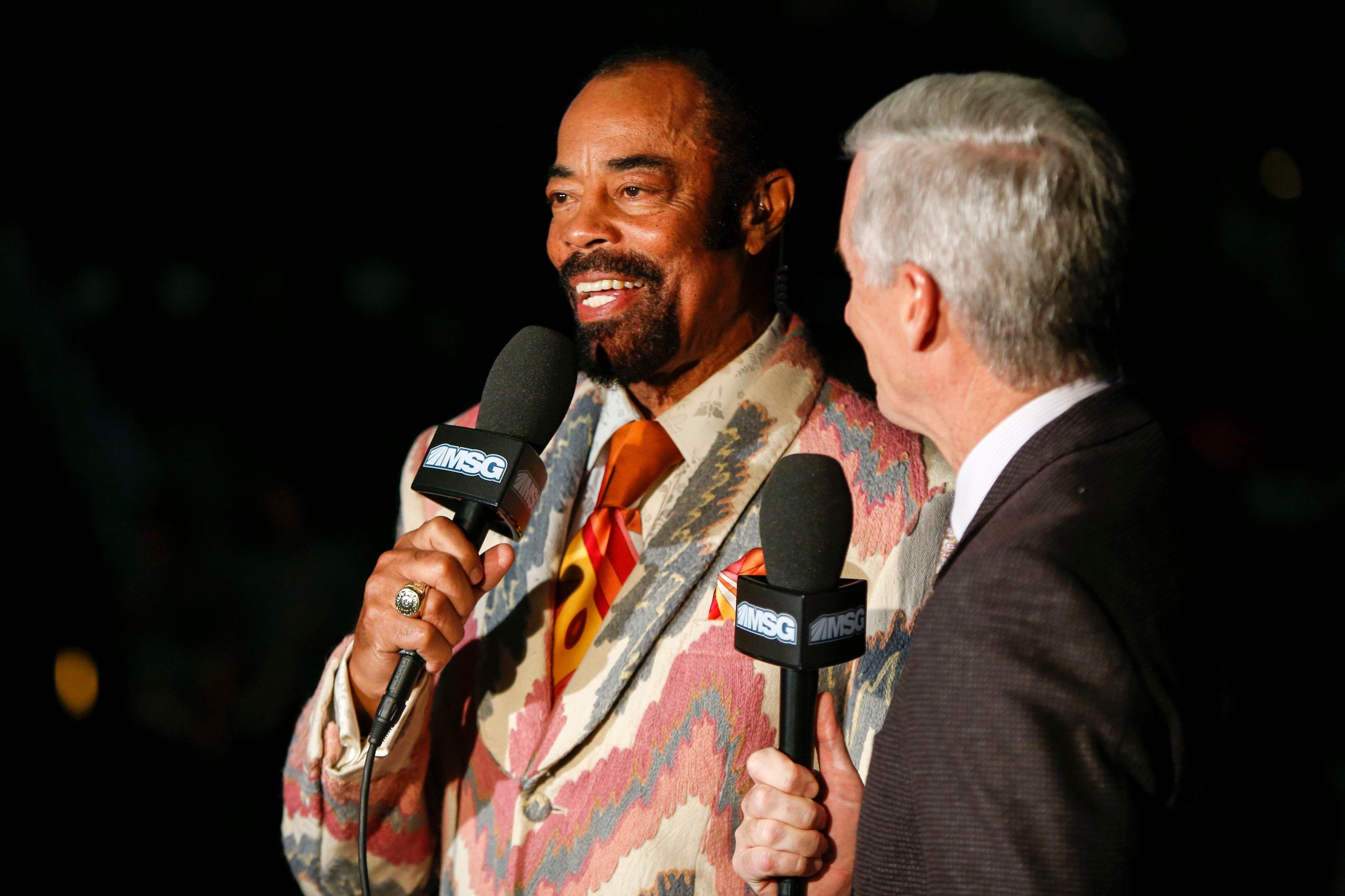 Nov 24, 2017; Atlanta, GA, USA; New York Knicks color commentator and former player Walt Frazier broadcasts prior to a game between the New York Knicks and the Atlanta Hawks at Philips Arena. Mandatory Credit: Brett Davis-USA TODAY Sports / Brett Davis