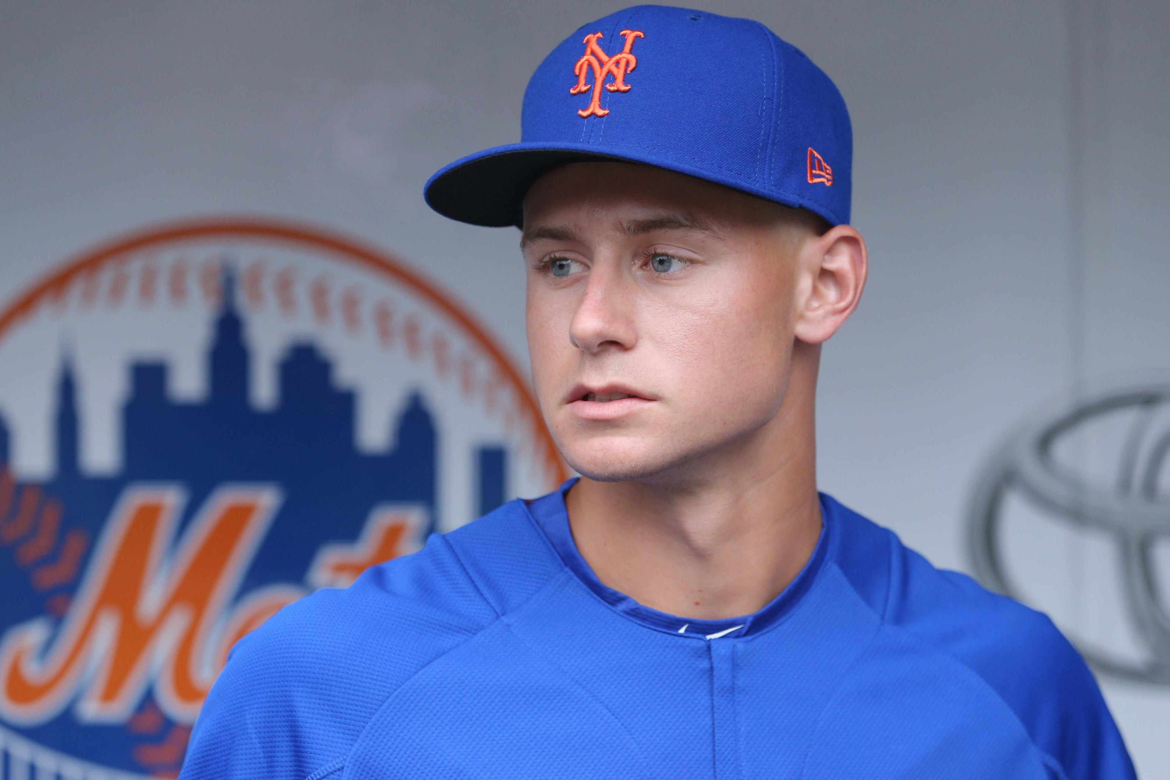 Jun 27, 2018; New York City, NY, USA; New York Mets 2018 first round draft pick Jarred Kelenic in the dugout during batting practice before a game against the Pittsburgh Pirates at Citi Field. Mandatory Credit: Brad Penner-USA TODAY Sports / Brad Penner