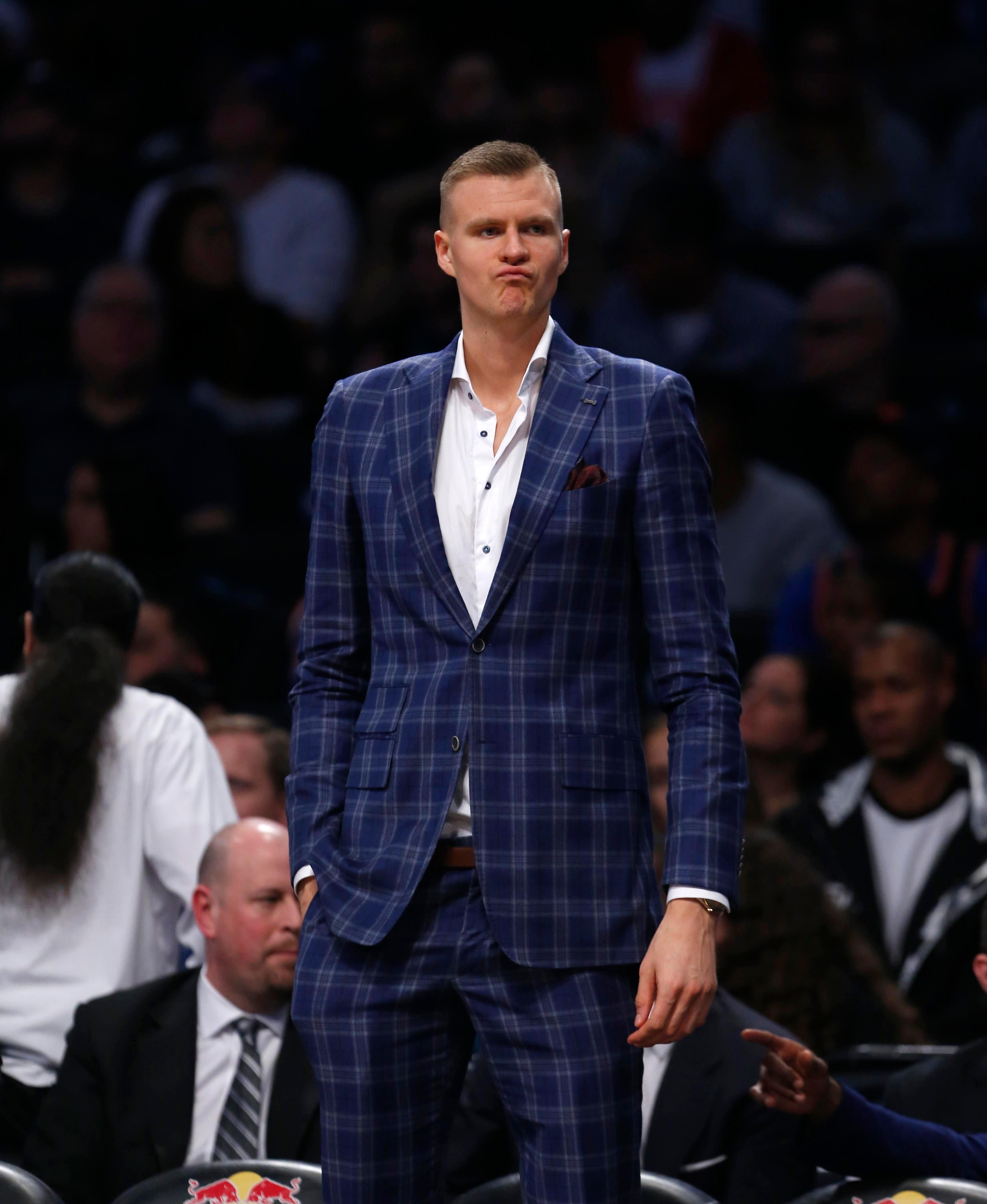 Oct 19, 2018; Brooklyn, NY, USA; New York Knicks forward Kristaps Porzingis looks on during a second half time out against the Brooklyn Nets at Barclays Center. Mandatory Credit: Noah K. Murray-USA TODAY Sports