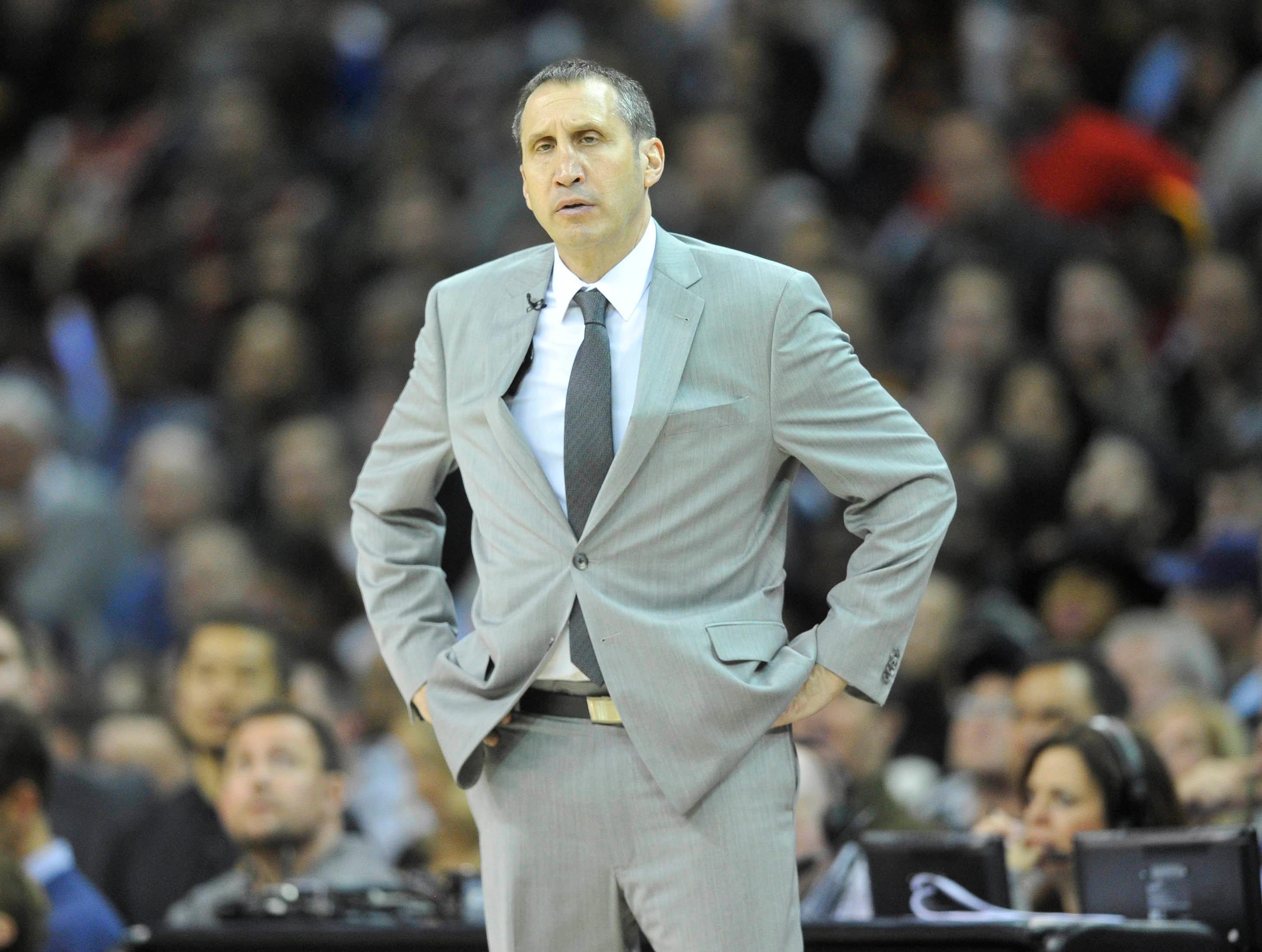 Jan 18, 2016; Cleveland, OH, USA; Cleveland Cavaliers head coach David Blatt reacts in the third quarter against the Golden State Warriors at Quicken Loans Arena. Mandatory Credit: David Richard-USA TODAY Sports