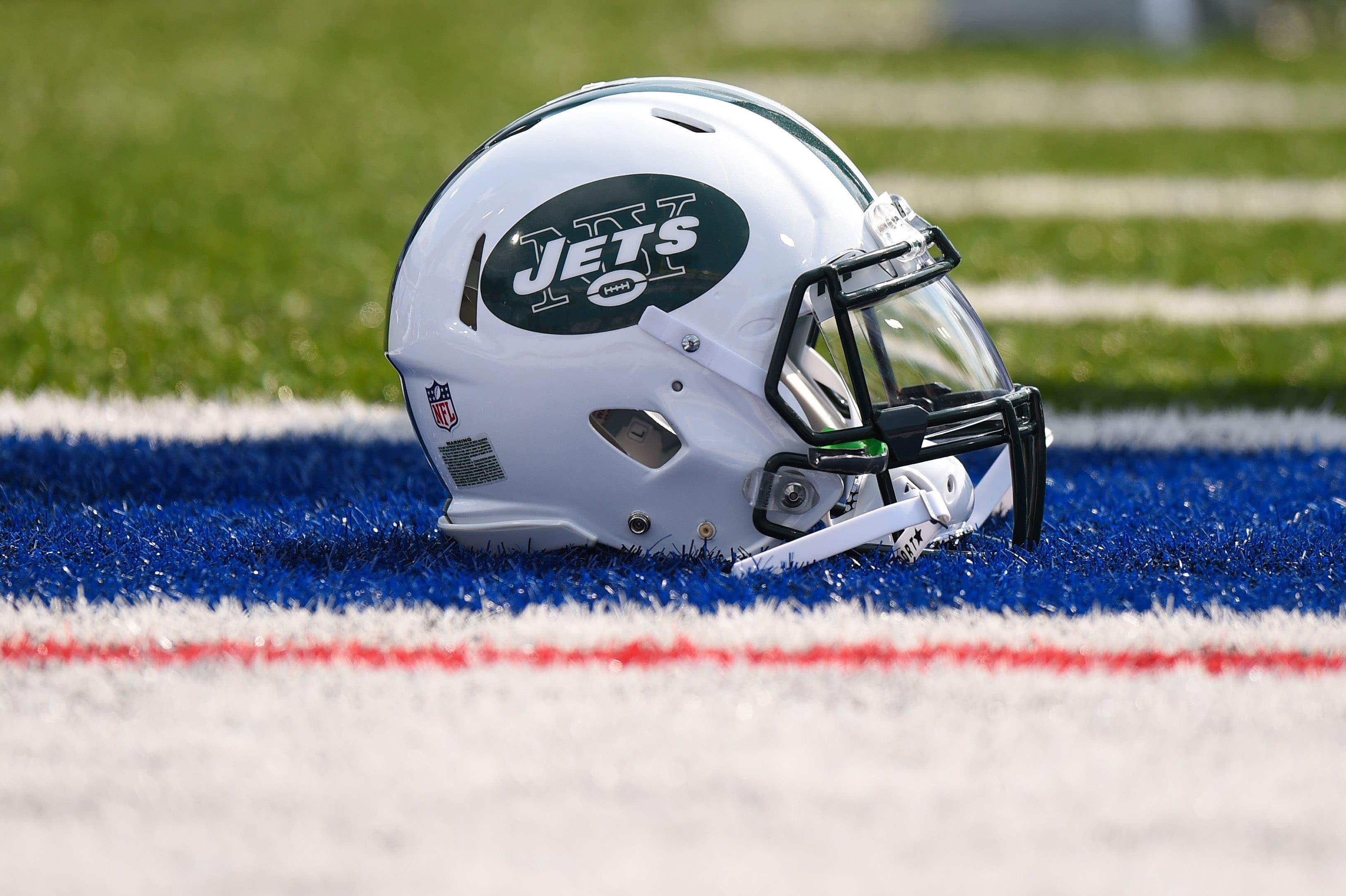 Sep 10, 2017; Orchard Park, NY, USA; General view of a New York Jets helmet on the field before a game against the Buffalo Bills at New Era Field. Mandatory Credit: Rich Barnes-USA TODAY Sports / Rich Barnes