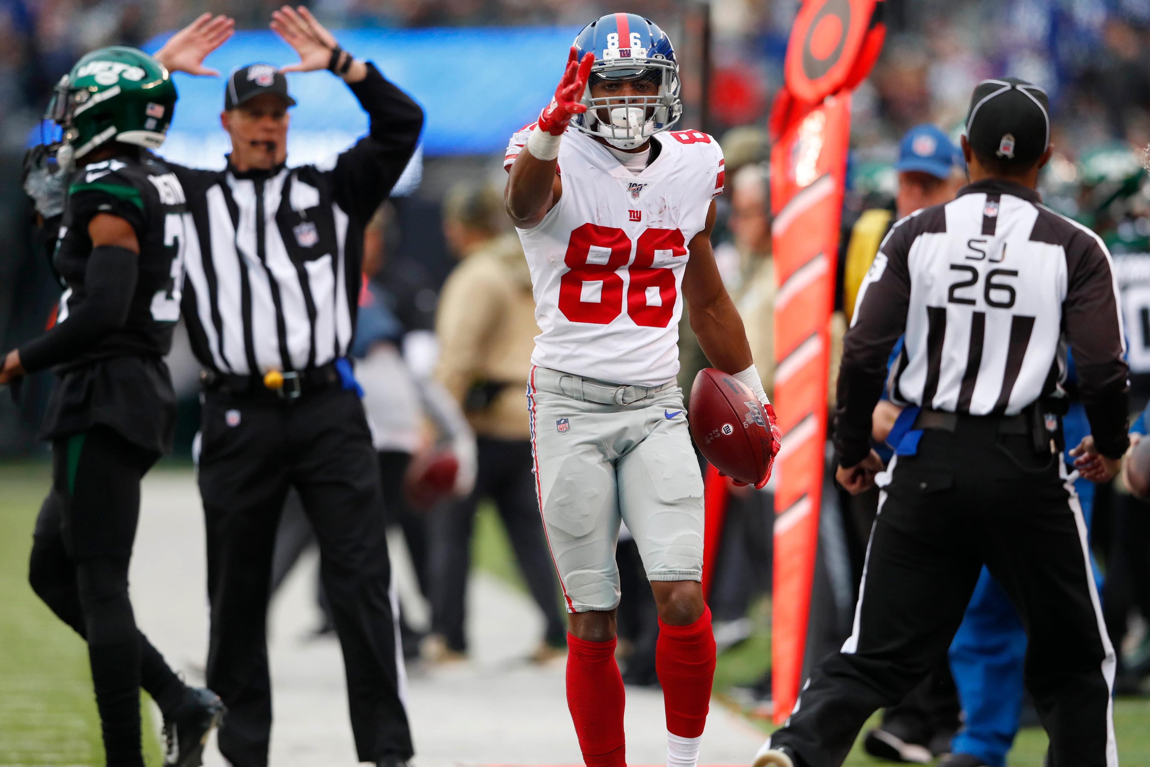 Nov 10, 2019; East Rutherford, NJ, USA; New York Giants wide receiver Darius Slayton (86) reacts after a first down against the New York Jets during the second half at MetLife Stadium. Mandatory Credit: Noah K. Murray-USA TODAY Sports / Noah K. Murray