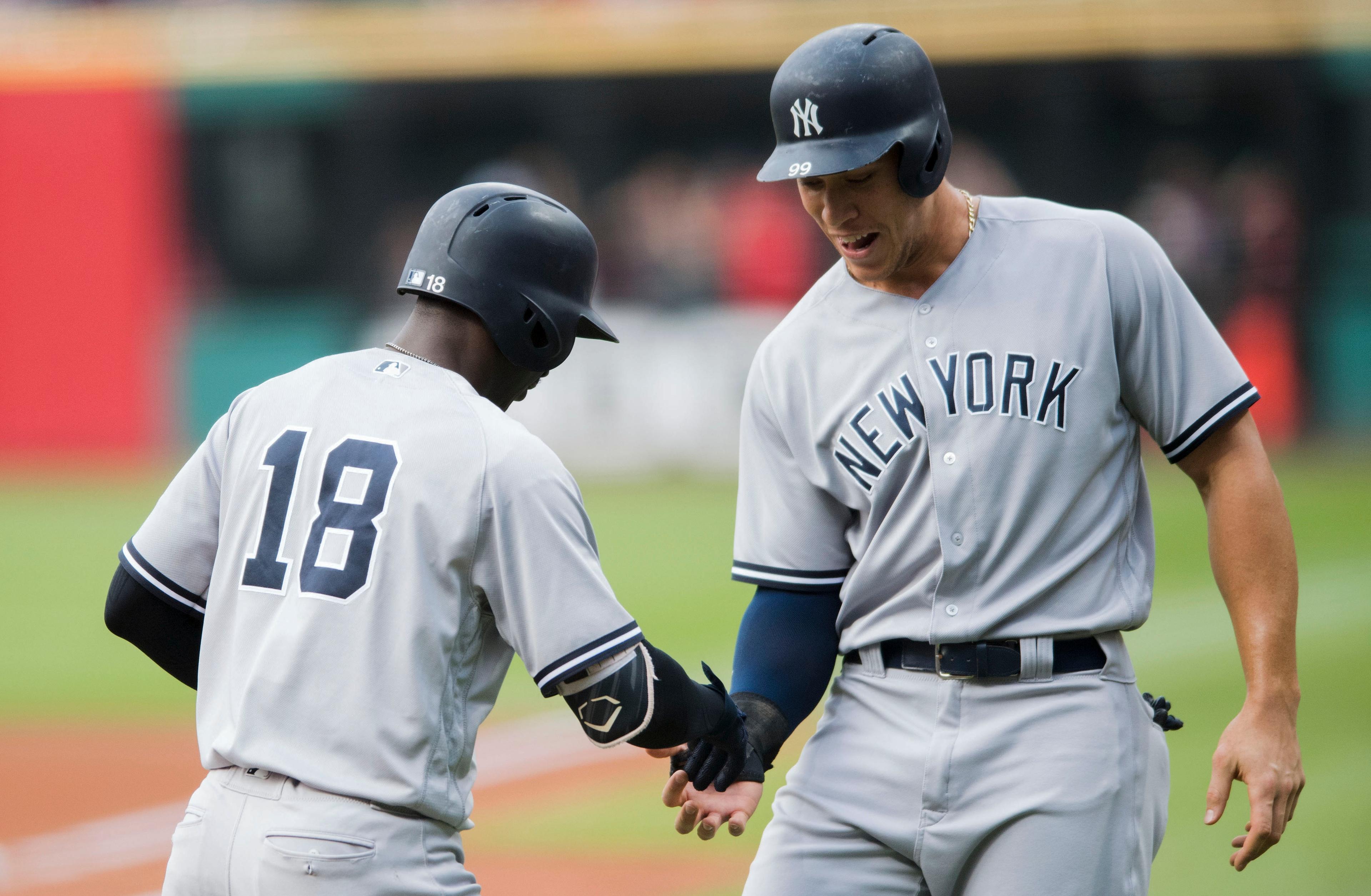 Didi Gregorius (18) Aaron Judge (99) Mandatory Credit: Ken Blaze-USA TODAY Sports