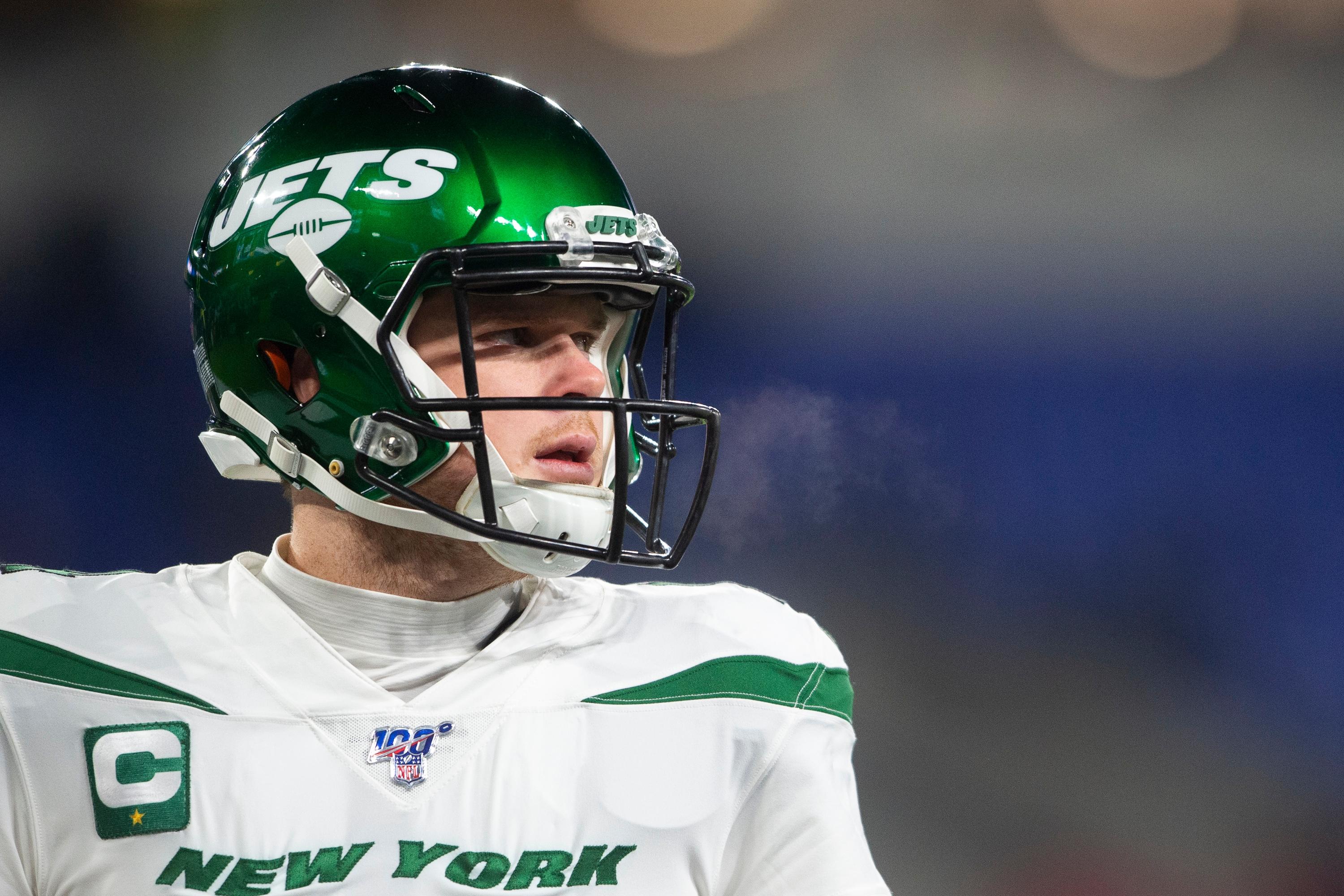 Dec 12, 2019; Baltimore, MD, USA; New York Jets quarterback Sam Darnold (14) stands on the field before the game against the Baltimore Ravens at M&T Bank Stadium. Mandatory Credit: Tommy Gilligan-USA TODAY Sports