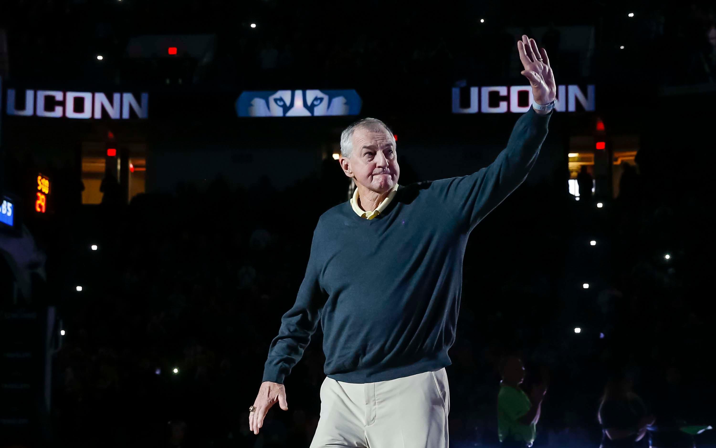 Feb 24, 2019; Hartford, CT, USA; Former Connecticut Huskies head coach Jim Calhoun along with his Huskies 1999 NCAA Championship team (not pictured) were honored on the court during halftime between the Huskies and the Cincinnati Bearcats at XL Center. Mandatory Credit: David Butler II-USA TODAY Sports / David Butler II