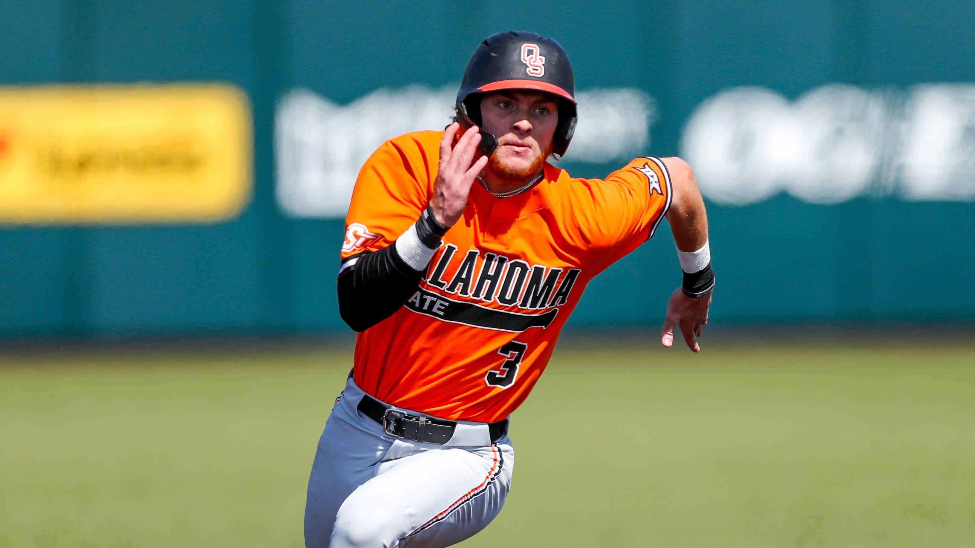 Oklahoma State utility Carson Benge (3) rounds second base during the Bedlam baseball game between the Oklahoma Sooners and the Oklahoma State Cowboys at L. Dale Mitchell Park in Norman, Okla., on Saturday, May 20, 2023.