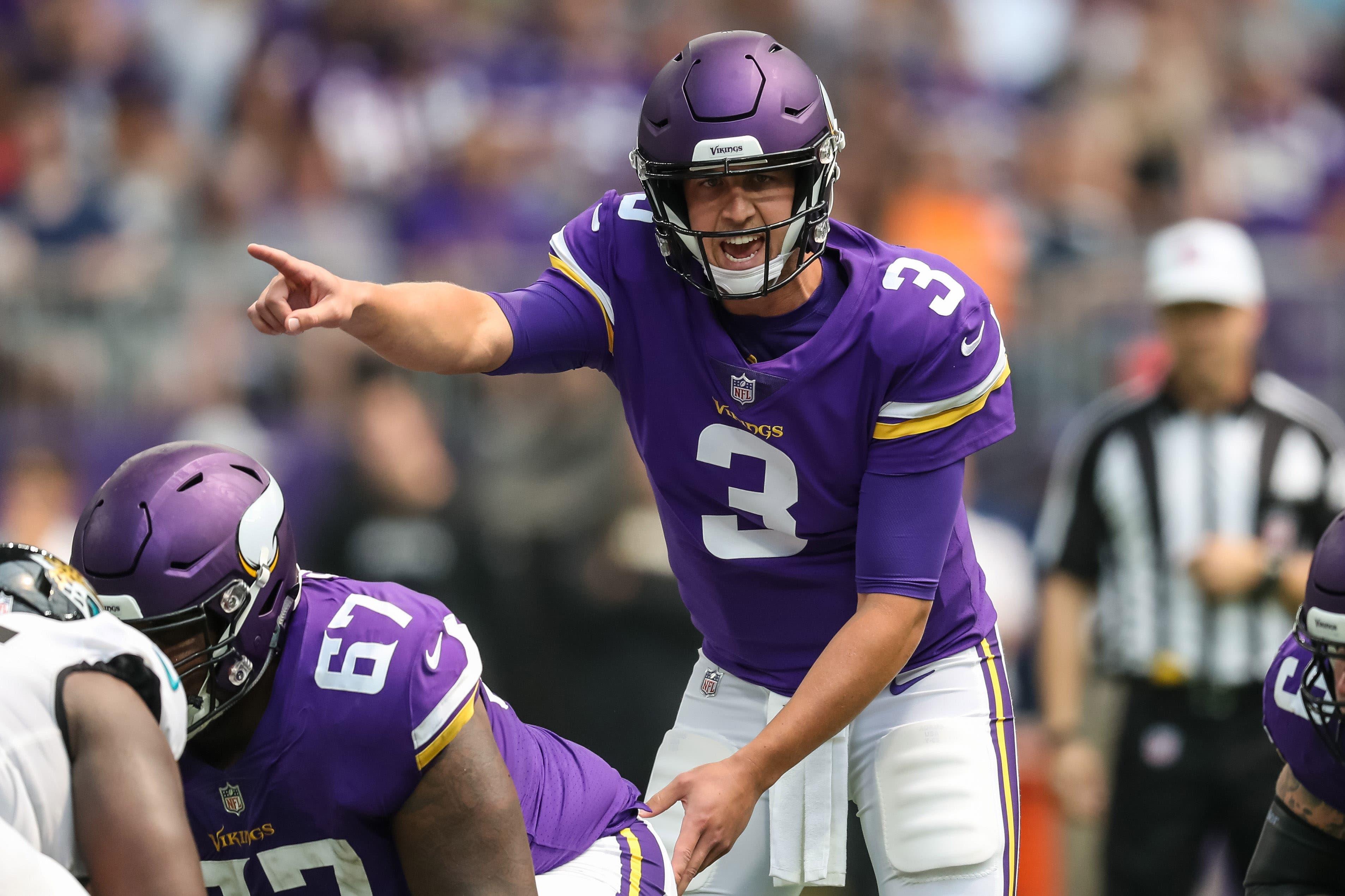 Aug 18, 2018; Minneapolis, MN, USA; Minnesota Vikings quarterback Trevor Siemian (3) calls a play during the second quarter against Jacksonville Jaguars at U.S. Bank Stadium. Mandatory Credit: Brace Hemmelgarn-USA TODAY Sports / Brace Hemmelgarn