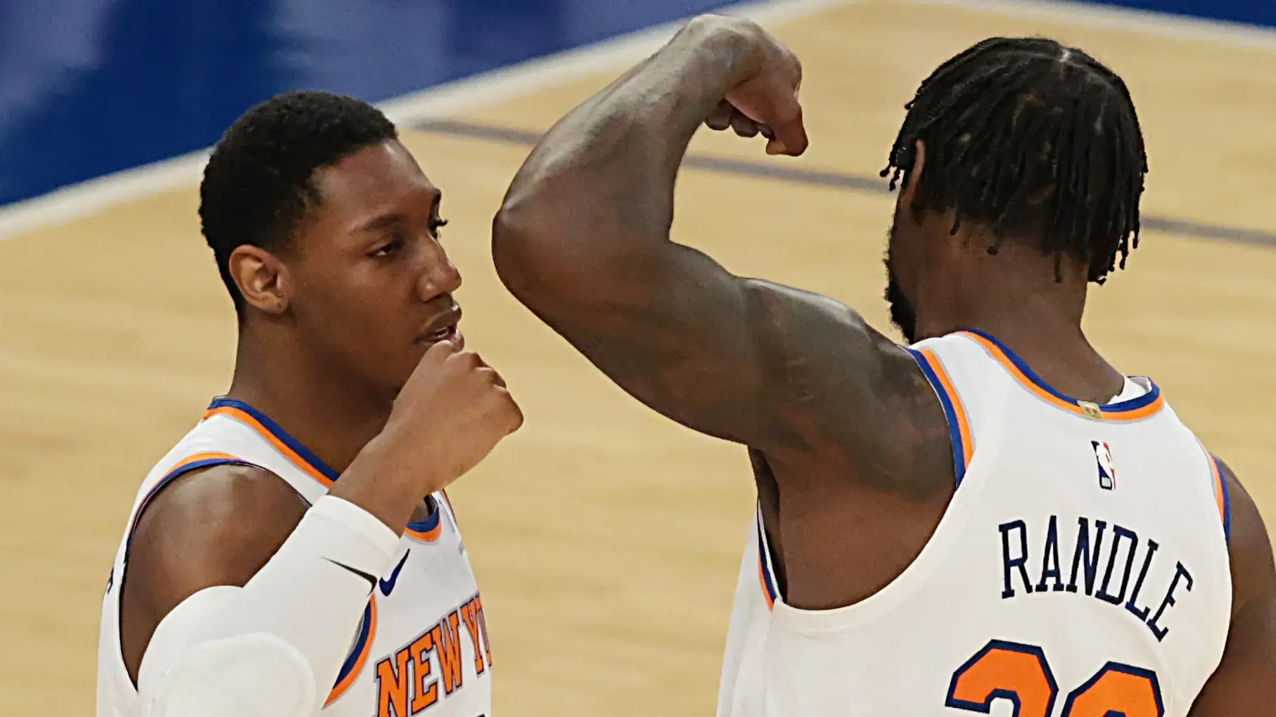 May 16, 2021; New York, New York, USA; New York Knicks forward Julius Randle (30) celebrates with guard RJ Barrett (9) during the first half against the Boston Celtics at Madison Square Garden. Mandatory Credit: Vincent Carchietta-USA TODAY Sports / © Vincent Carchietta-USA TODAY Sports