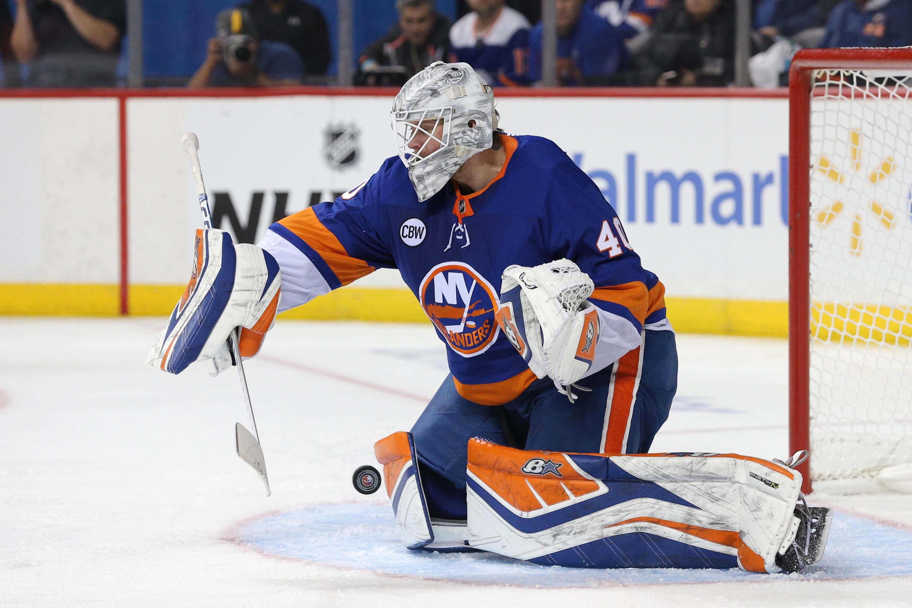 Apr 28, 2019; Brooklyn, NY, USA; New York Islanders goalie Robin Lehner (40) makes a save against the Carolina Hurricanes during the third period of game two of the second round of the 2019 Stanley Cup Playoffs at Barclays Center. Mandatory Credit: Brad Penner-USA TODAY Sports / Brad Penner