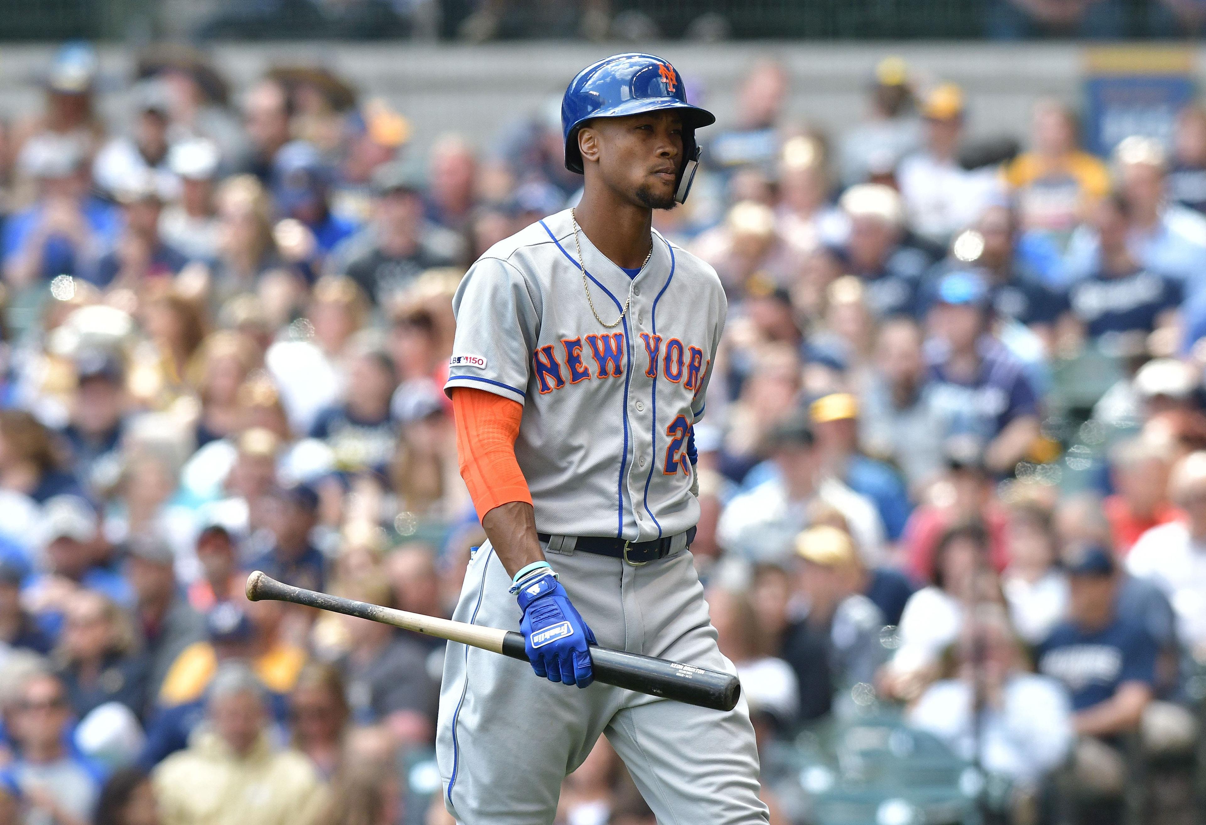 May 5, 2019; Milwaukee, WI, USA; New York Mets outfielder Keon Broxton (23) walks back to the dugout after striking out against the Milwaukee Brewers at Miller Park. Mandatory Credit: Michael McLoone-USA TODAY Sports / Michael McLoone