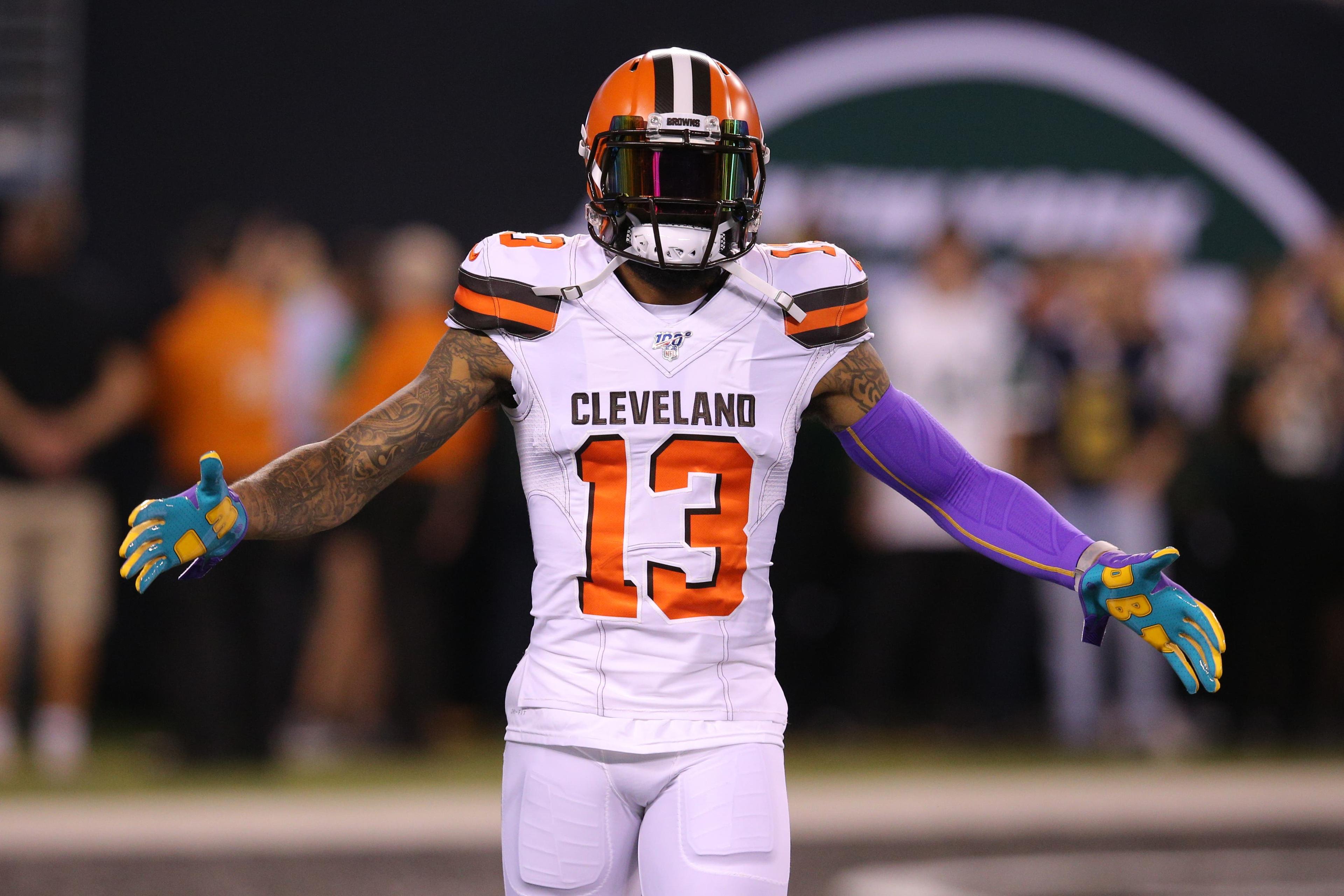 Sep 16, 2019; East Rutherford, NJ, USA; Cleveland Browns wide receiver Odell Beckham Jr. (13) takes the field for warmups before a game against the New York Jets at MetLife Stadium. Mandatory Credit: Brad Penner-USA TODAY Sportsundefined