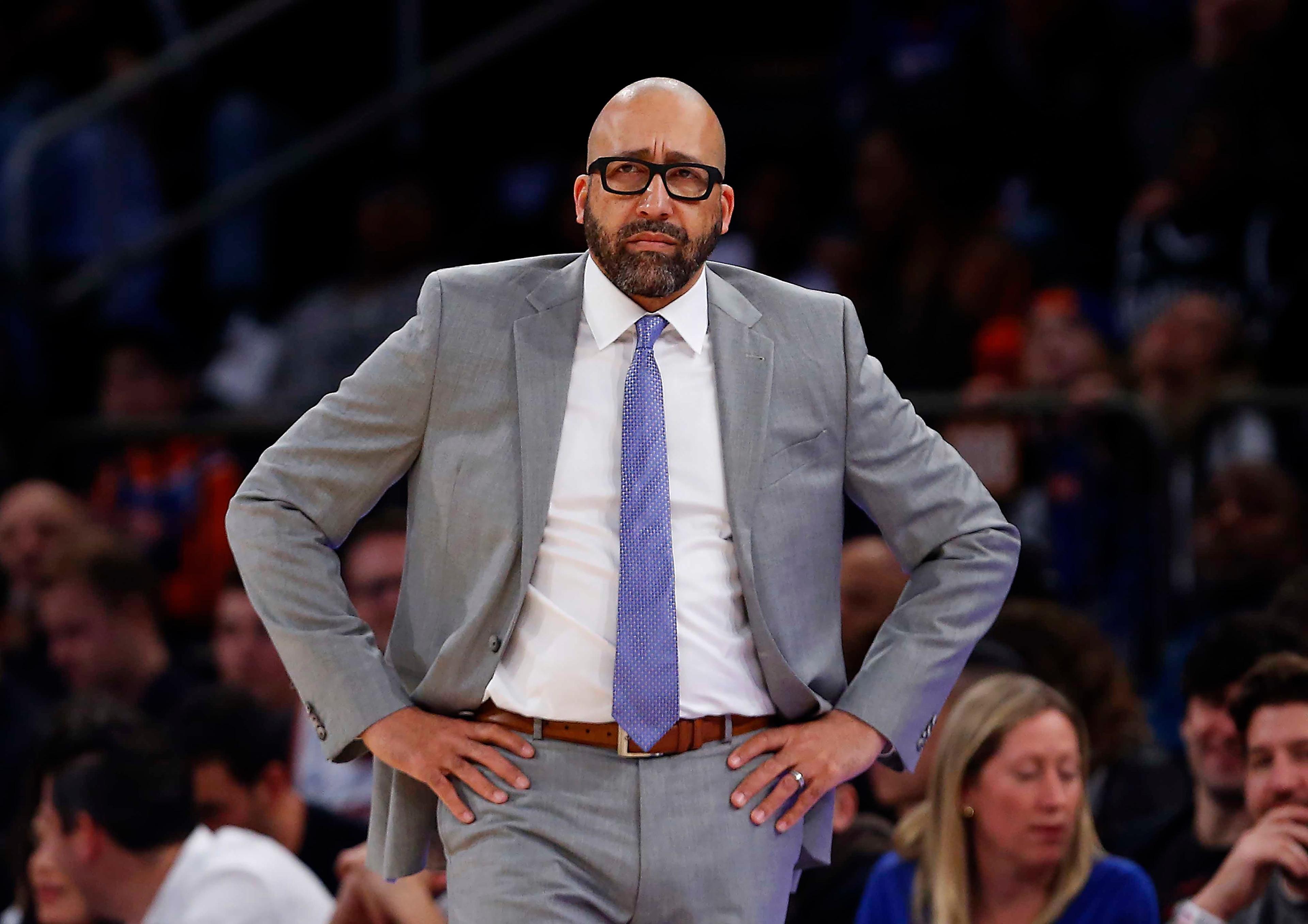 Nov 24, 2019; New York, NY, USA; New York Knicks head coach David Fizdale watches play against the Brooklyn Nets during the second half at Madison Square Garden. Mandatory Credit: Noah K. Murray-USA TODAY Sports / Noah K. Murray