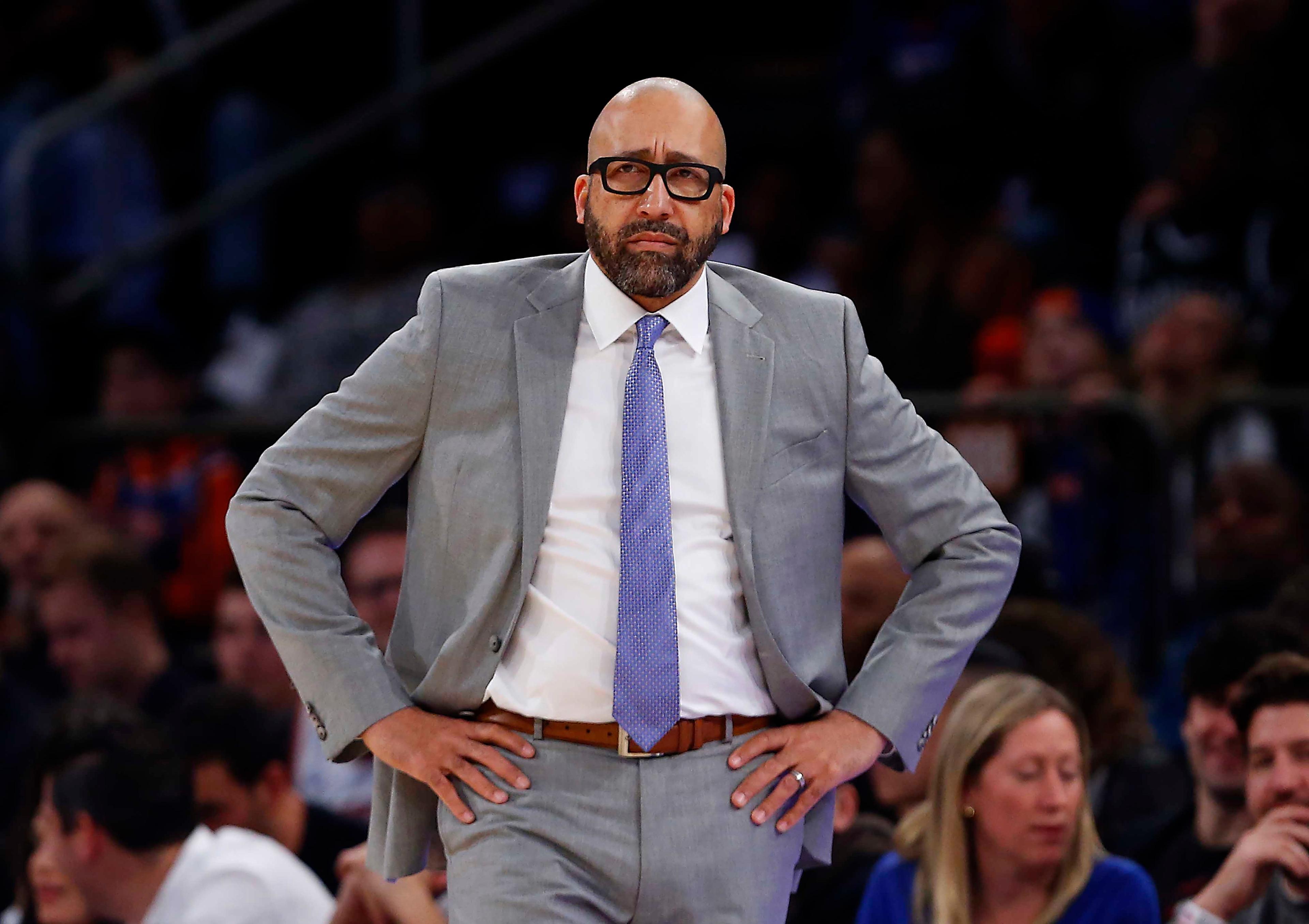 Nov 24, 2019; New York, NY, USA; New York Knicks head coach David Fizdale watches play against the Brooklyn Nets during the second half at Madison Square Garden. Mandatory Credit: Noah K. Murray-USA TODAY Sports