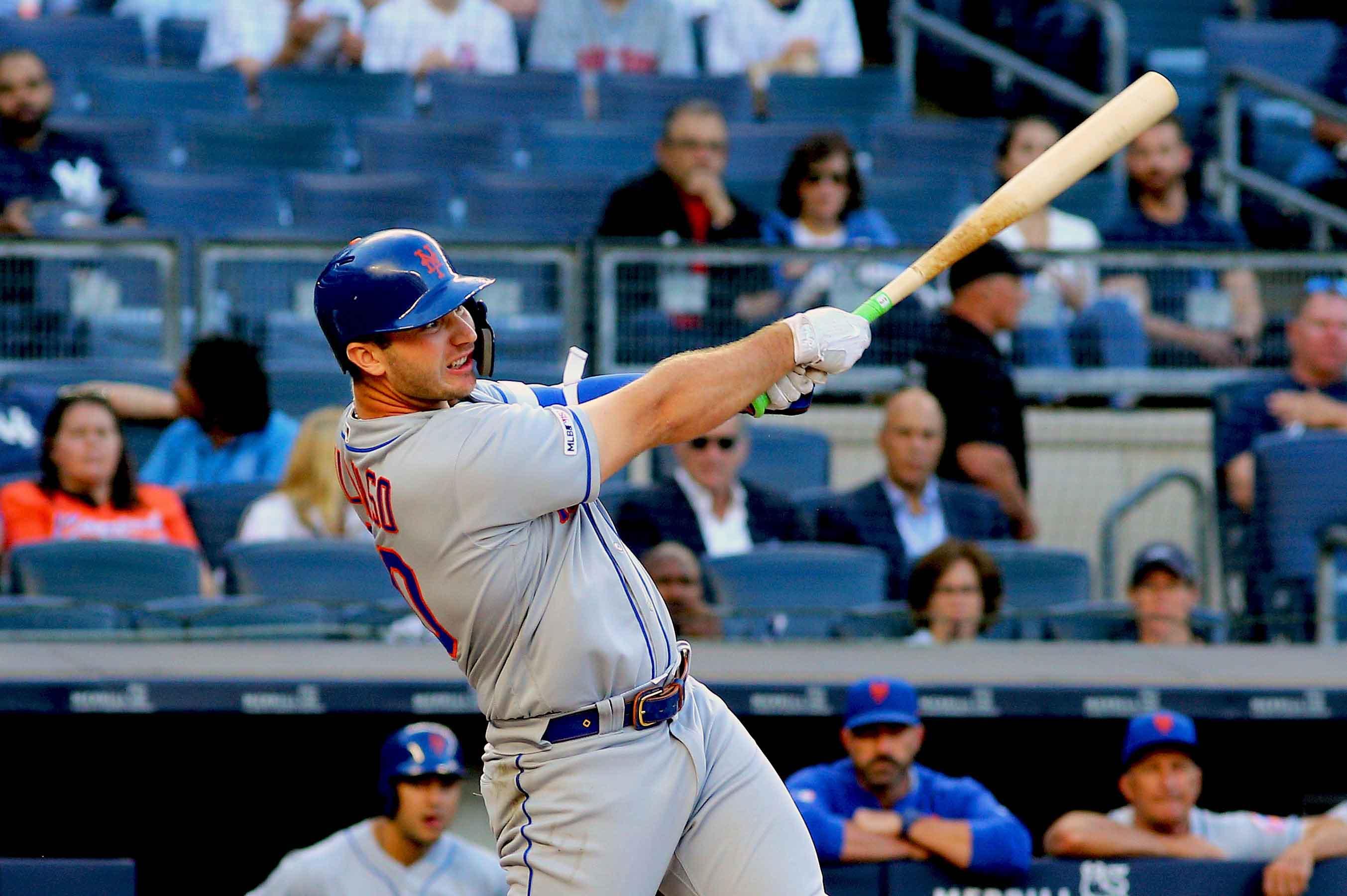 Jun 11, 2019; Bronx, NY, USA; New York Mets first baseman Pete Alonso (20) hits a three run home run against the New York Yankees during the first inning of game two of a doubleheader at Yankee Stadium. Mandatory Credit: Andy Marlin-USA TODAY Sports / Andy Marlin