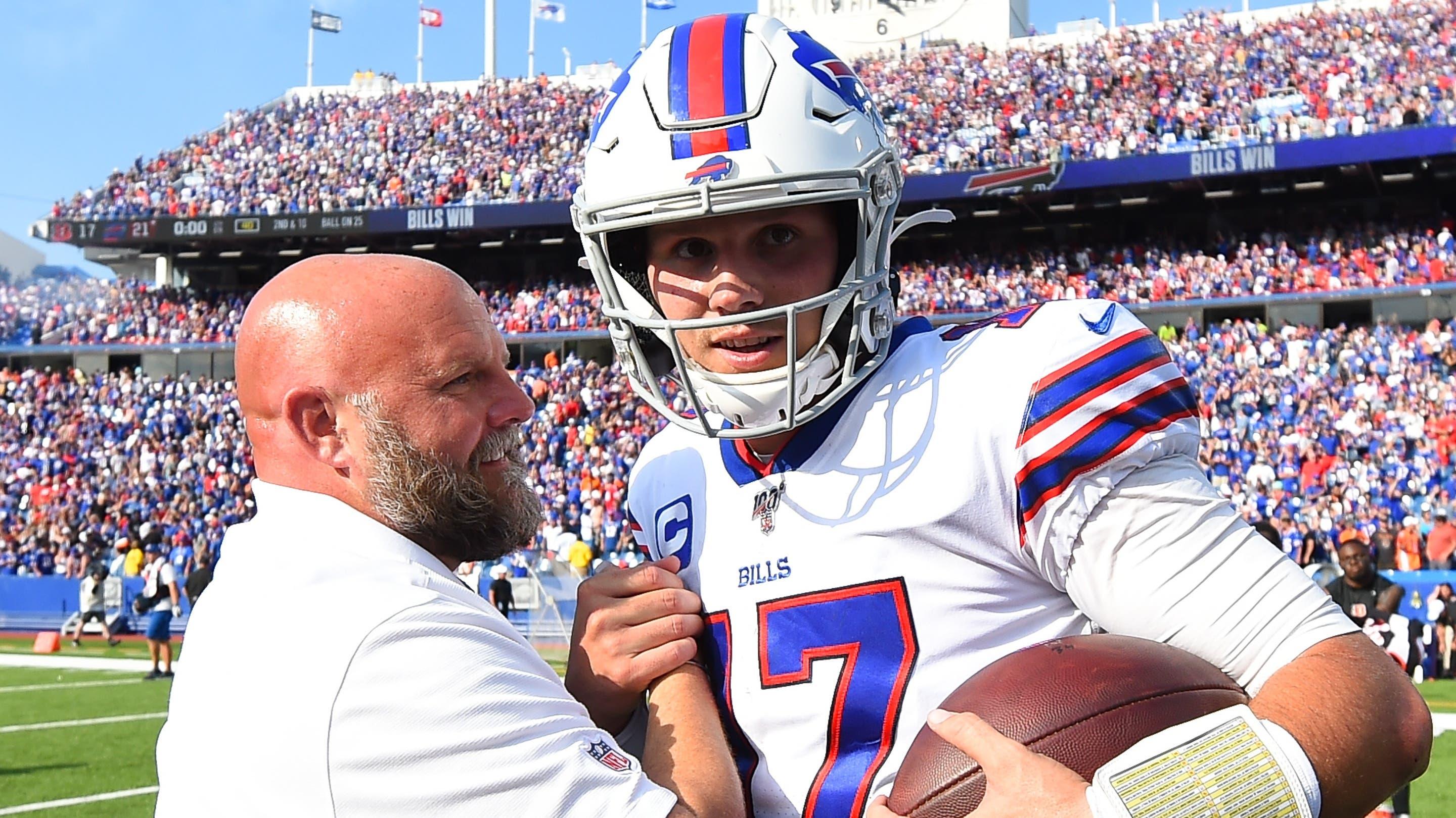 Sep 22, 2019; Orchard Park, NY, USA; Buffalo Bills quarterback Josh Allen (17) greets offensive coordinator Brian Daboll following the game against the Cincinnati Bengals at New Era Field. Mandatory Credit: Rich Barnes-USA TODAY Sports / © Rich Barnes-USA TODAY Sports