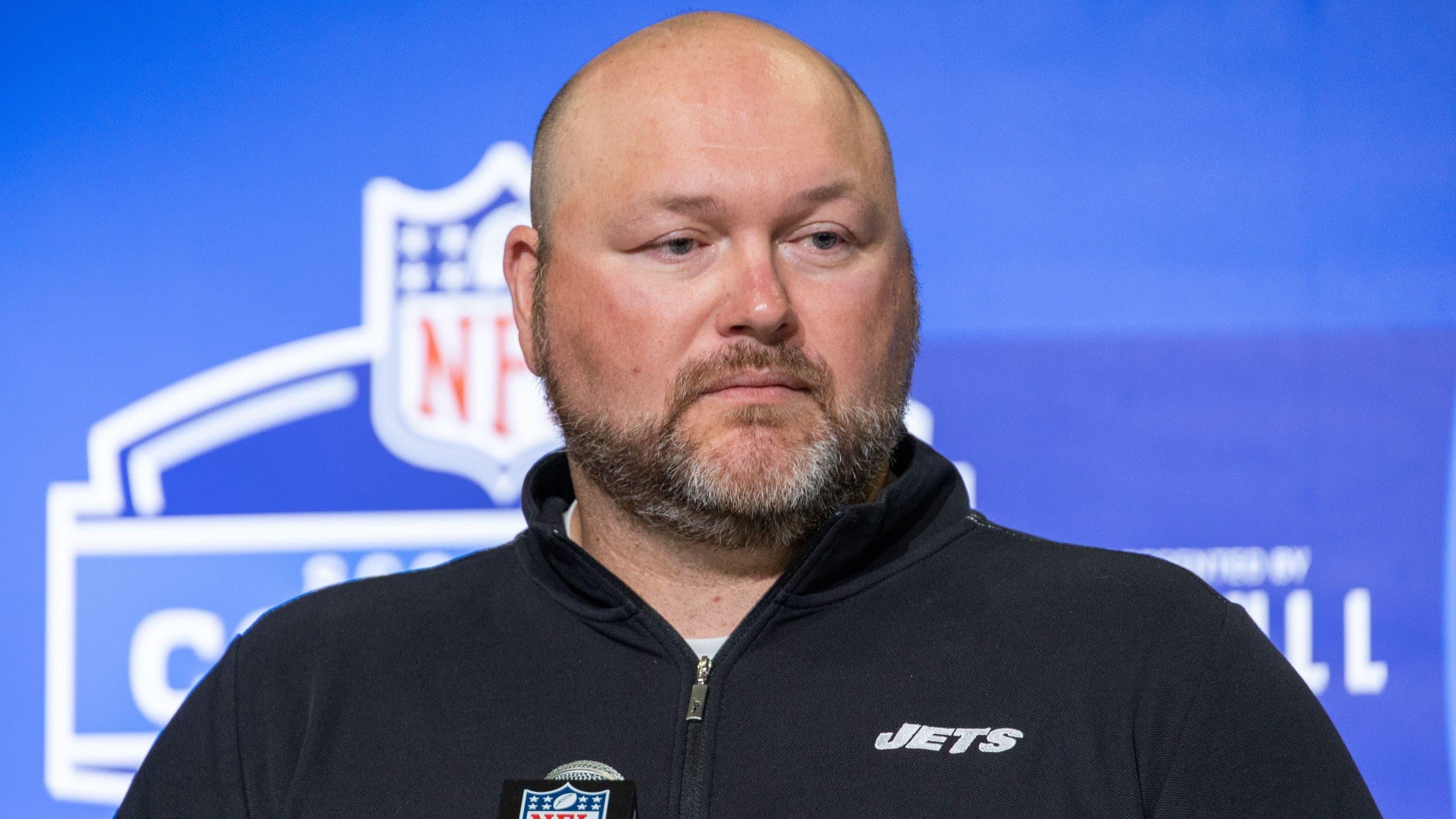 Feb 28, 2023; Indianapolis, IN, USA; New York Jets general manager Joe Douglas speaks to the press at the NFL Combine at Lucas Oil Stadium.