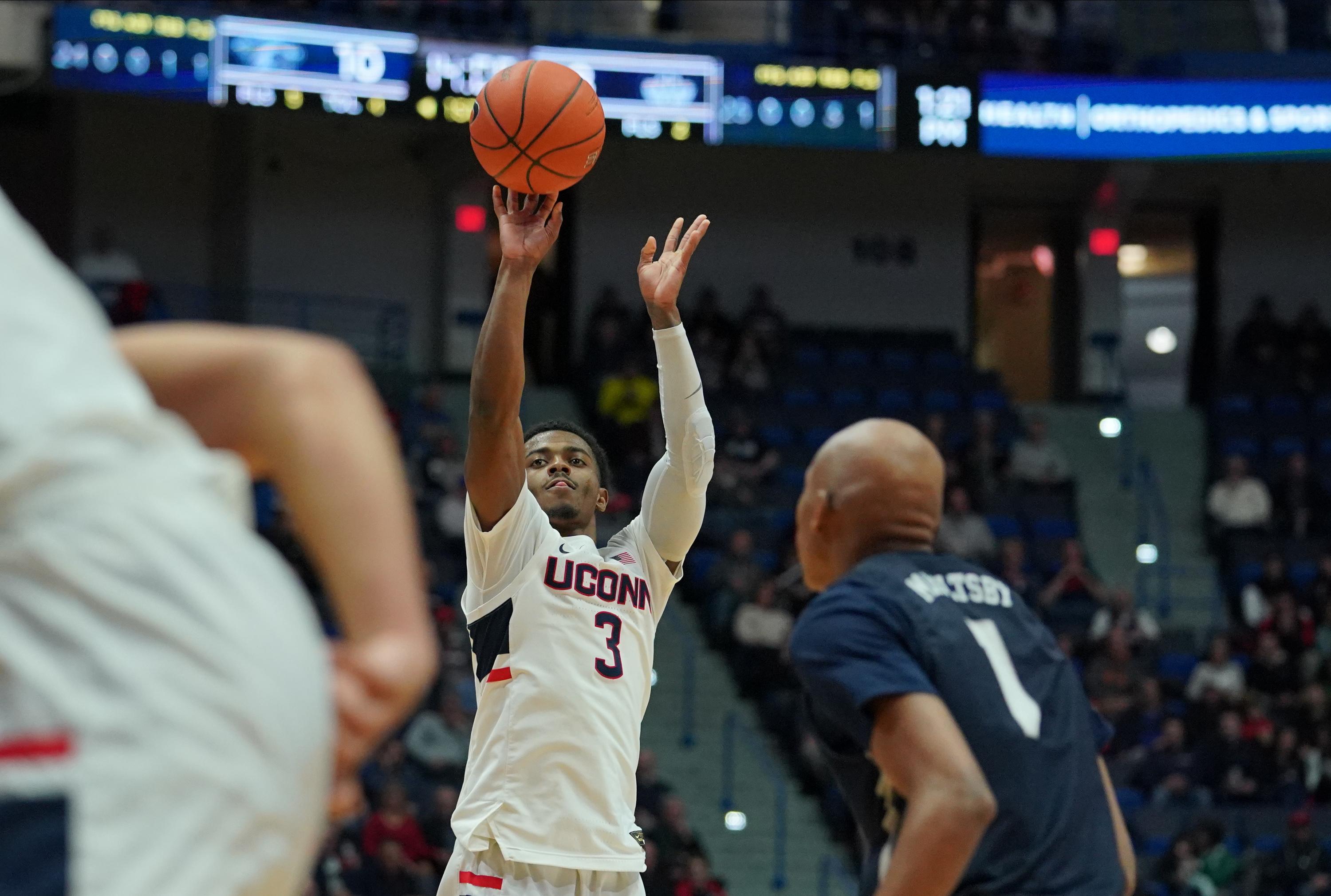 Dec 22, 2019; Hartford, Connecticut, USA; Connecticut Huskies guard Alterique Gilbert (3) shoots against the New Hampshire Wildcats in the first half at XL Center. Mandatory Credit: David Butler II-USA TODAY Sports