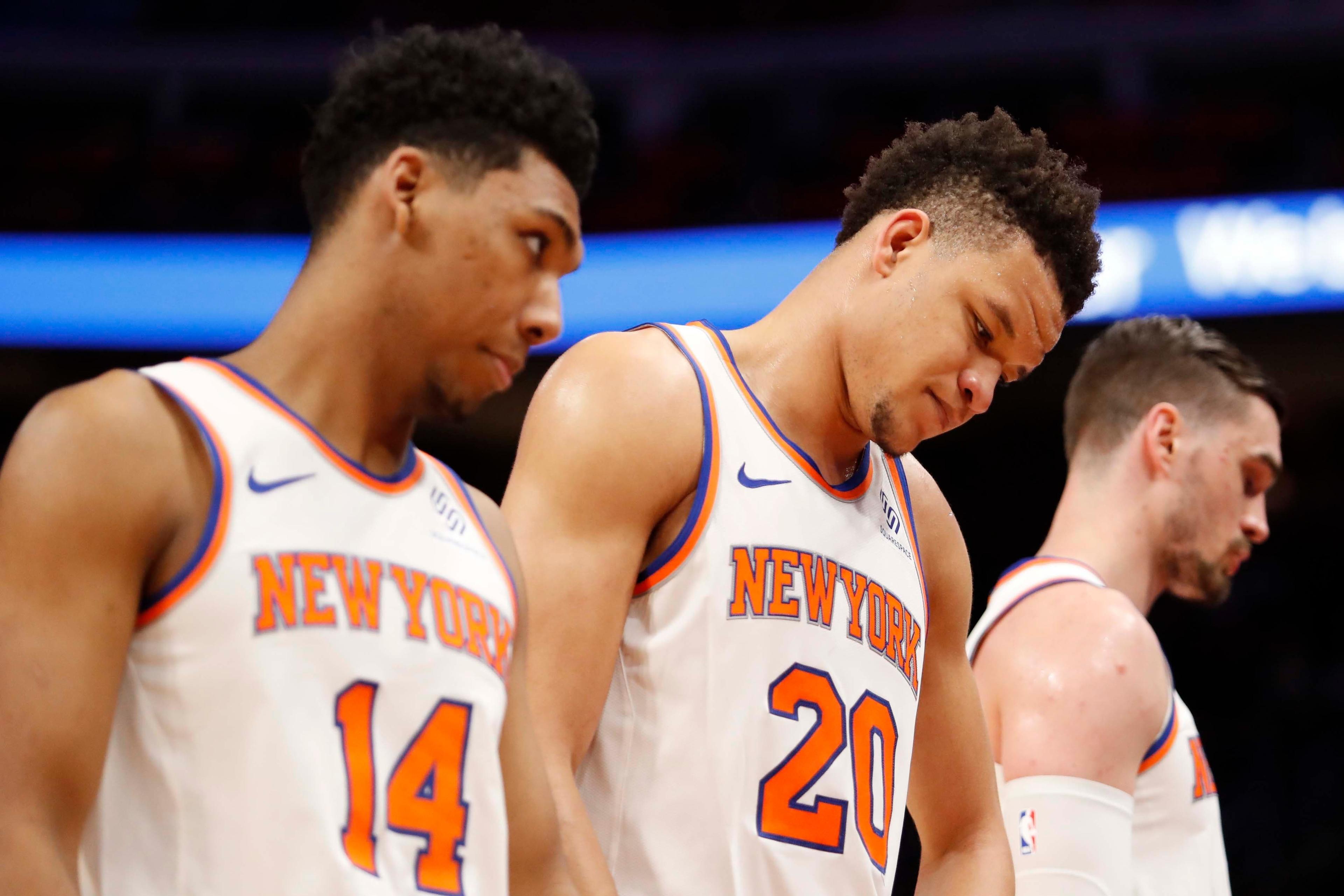 Feb 8, 2019; Detroit, MI, USA; New York Knicks forward Kevin Knox (20) guard Allonzo Trier (14) / Raj Mehta