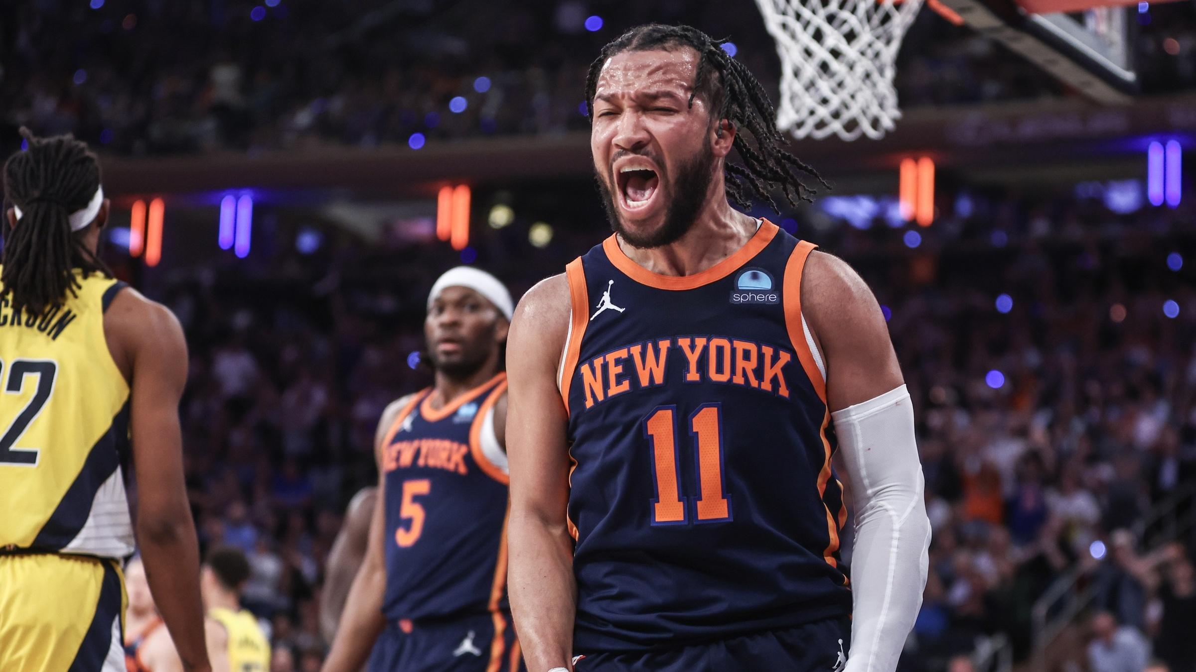 New York Knicks guard Jalen Brunson (11) celebrates in the third quarter after scoring against the Indiana Pacers during game two of the second round for the 2024 NBA playoffs at Madison Square Garden. / Wendell Cruz-USA TODAY Sports
