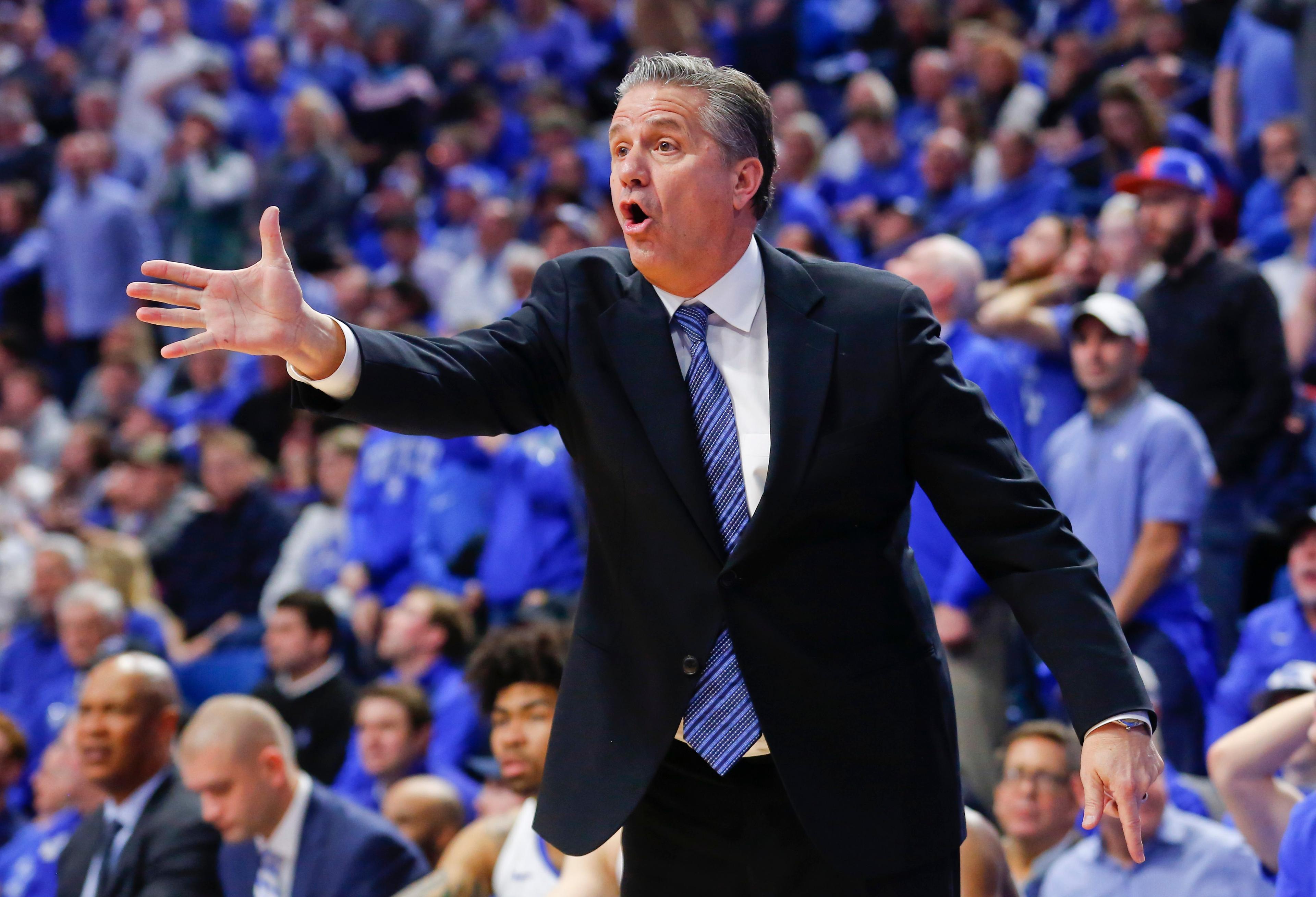 Jan 29, 2020; Lexington, Kentucky, USA; Kentucky Wildcats head coach John Calipari reacts during the game against the Vanderbilt Commodores in the second half at Rupp Arena. Mandatory Credit: Mark Zerof-USA TODAY Sports