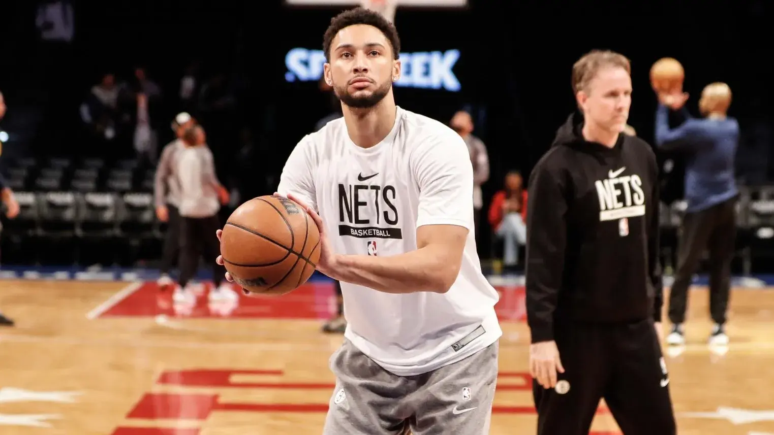 Oct 29, 2022; Brooklyn, New York, USA; Brooklyn Nets guard Ben Simmons (10) takes warmups prior to the game against the Indiana Pacers at Barclays Center. / Wendell Cruz-USA TODAY Sports